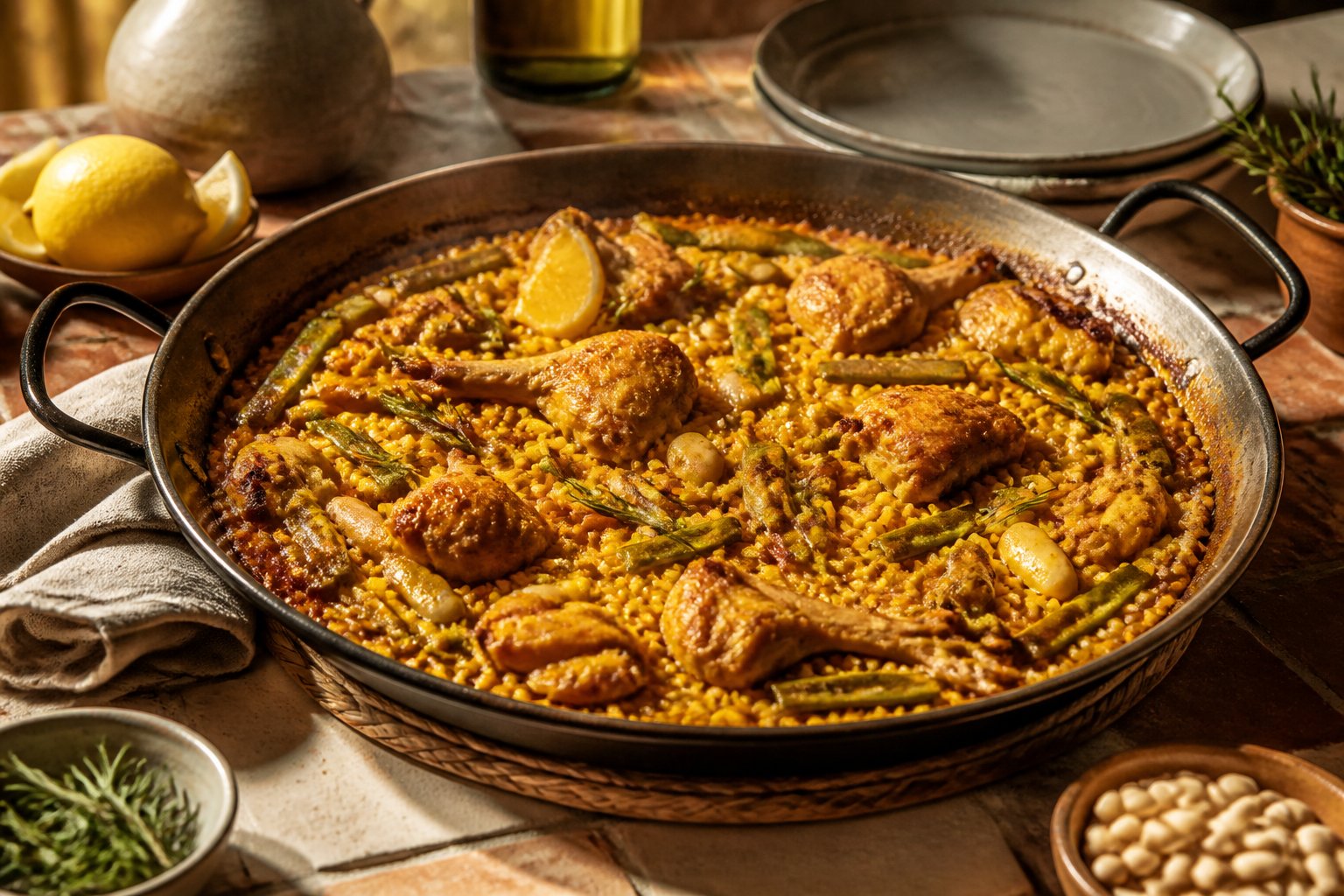 A pan of golden Valencian paella with chicken, rabbit, green beans, and white beans on a rustic table.
