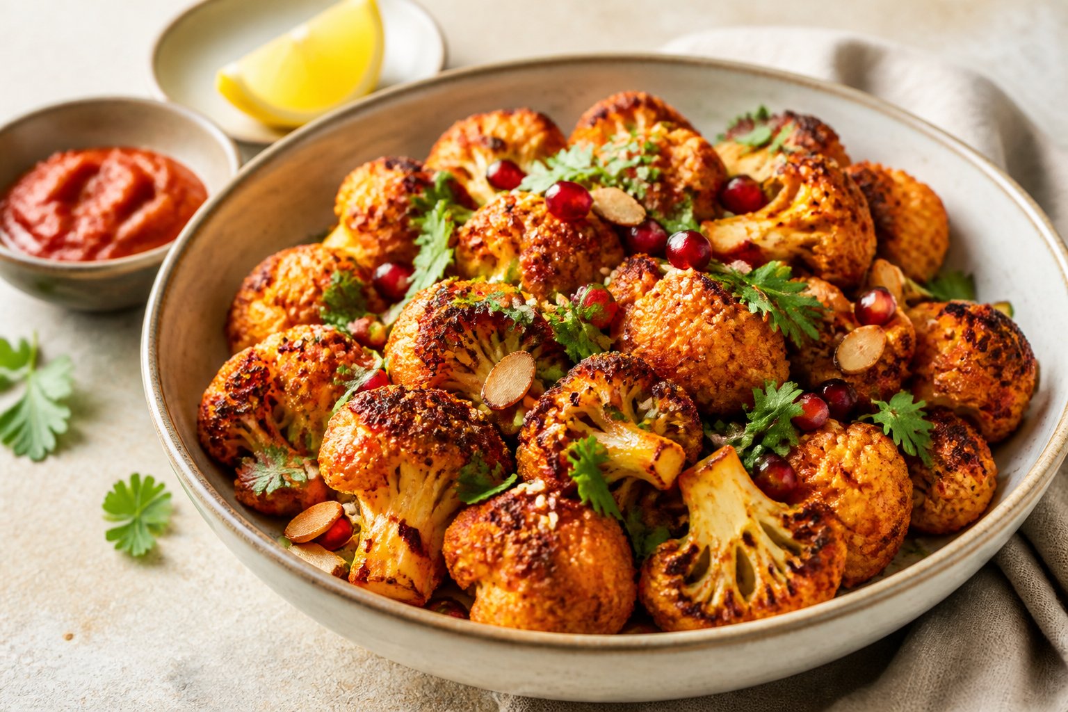 A bowl of harissa-roasted cauliflower garnished with herbs, almonds, sesame seeds, and pomegranate.