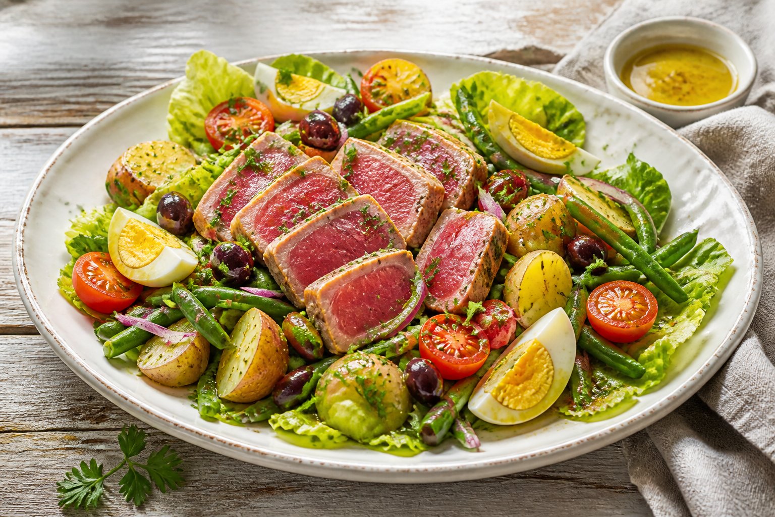 A colorful Tuna Niçoise salad with tuna, lettuce, tomatoes, green beans, potatoes, eggs, olives, and red onion on a serving platter.