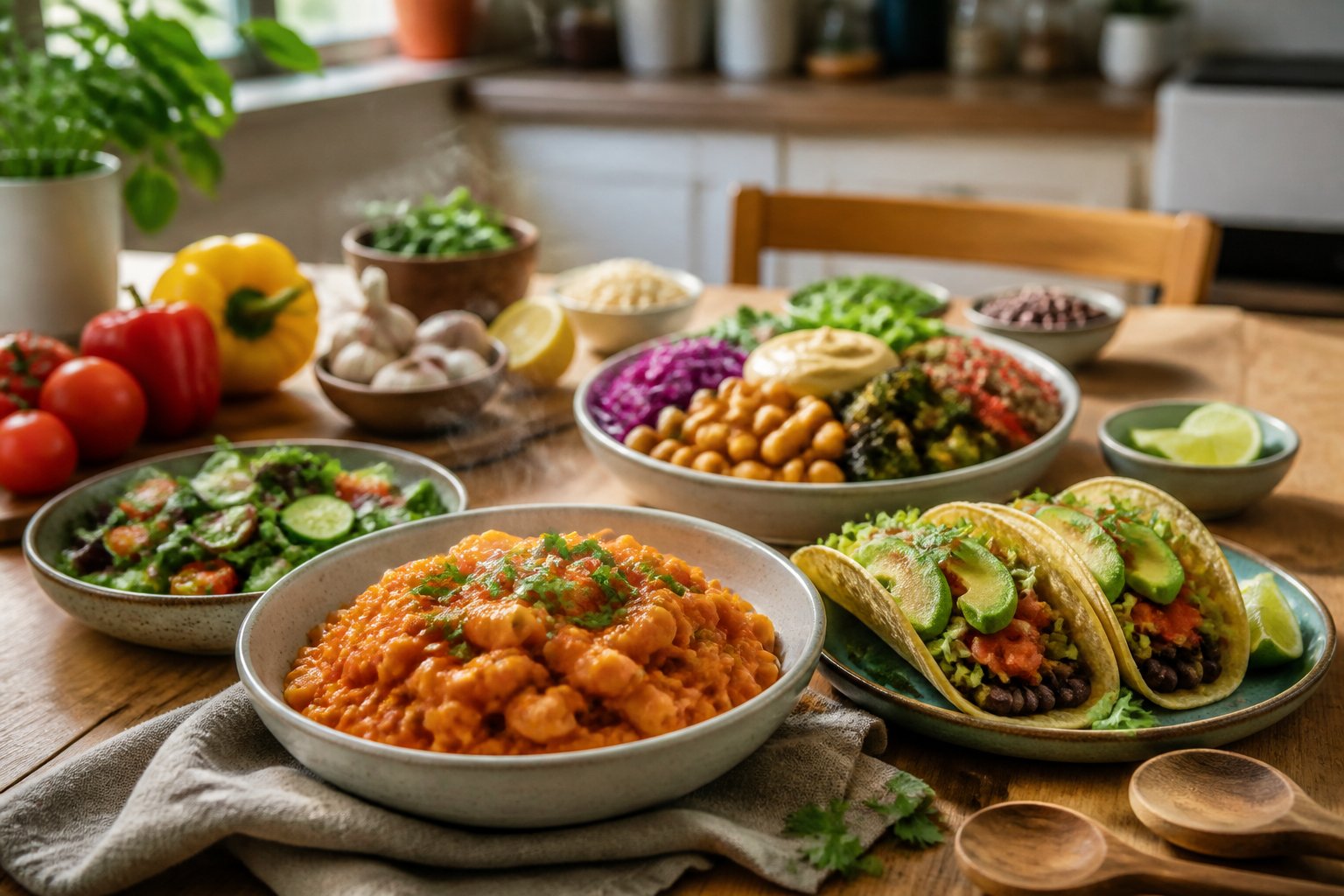 A table in a bright kitchen covered with several colorful vegan dinner dishes, including pasta, tacos, a grain bowl, and salad.