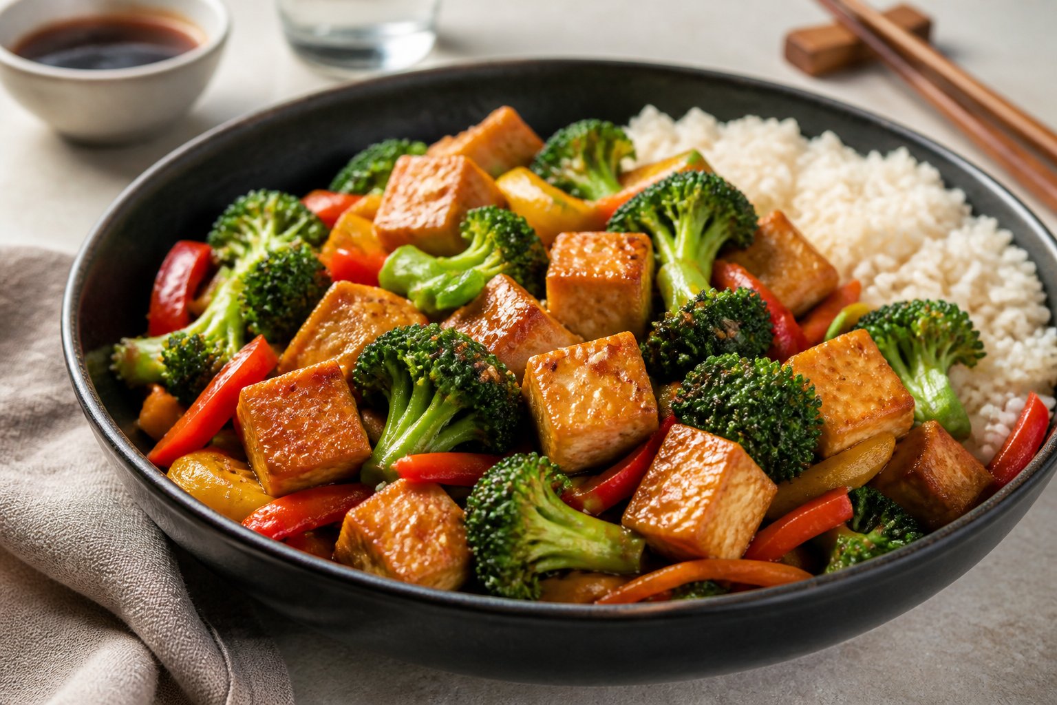 A bowl of tofu and broccoli stir-fry with colorful vegetables served alongside rice.