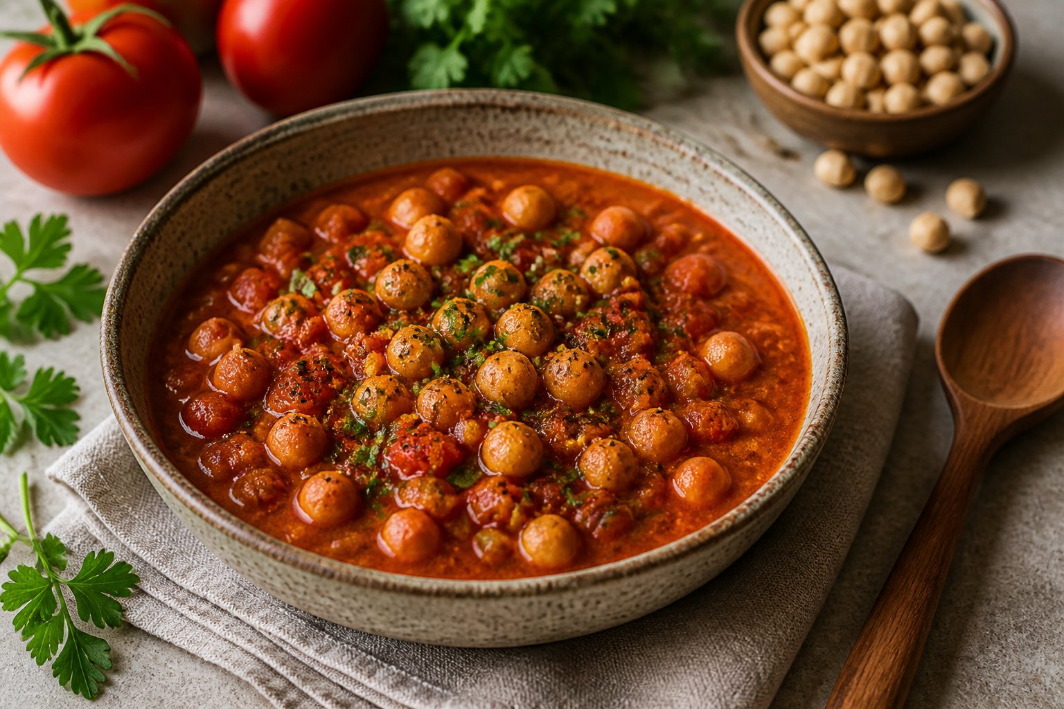 A bowl of tomato chickpea stew garnished with parsley on a kitchen table.
