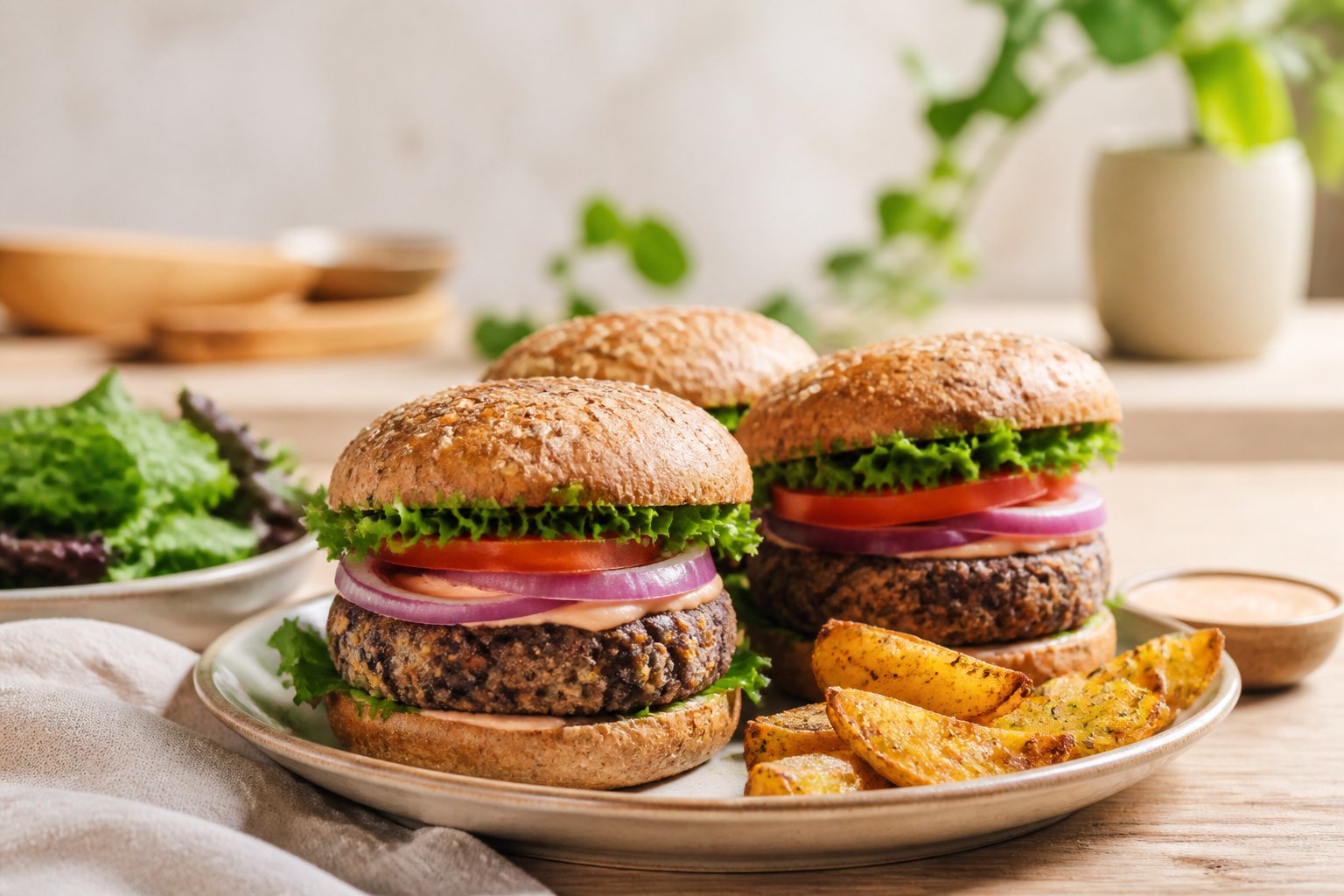 Vegan black bean burgers with lettuce, tomato, onion, and potato wedges on a plate.