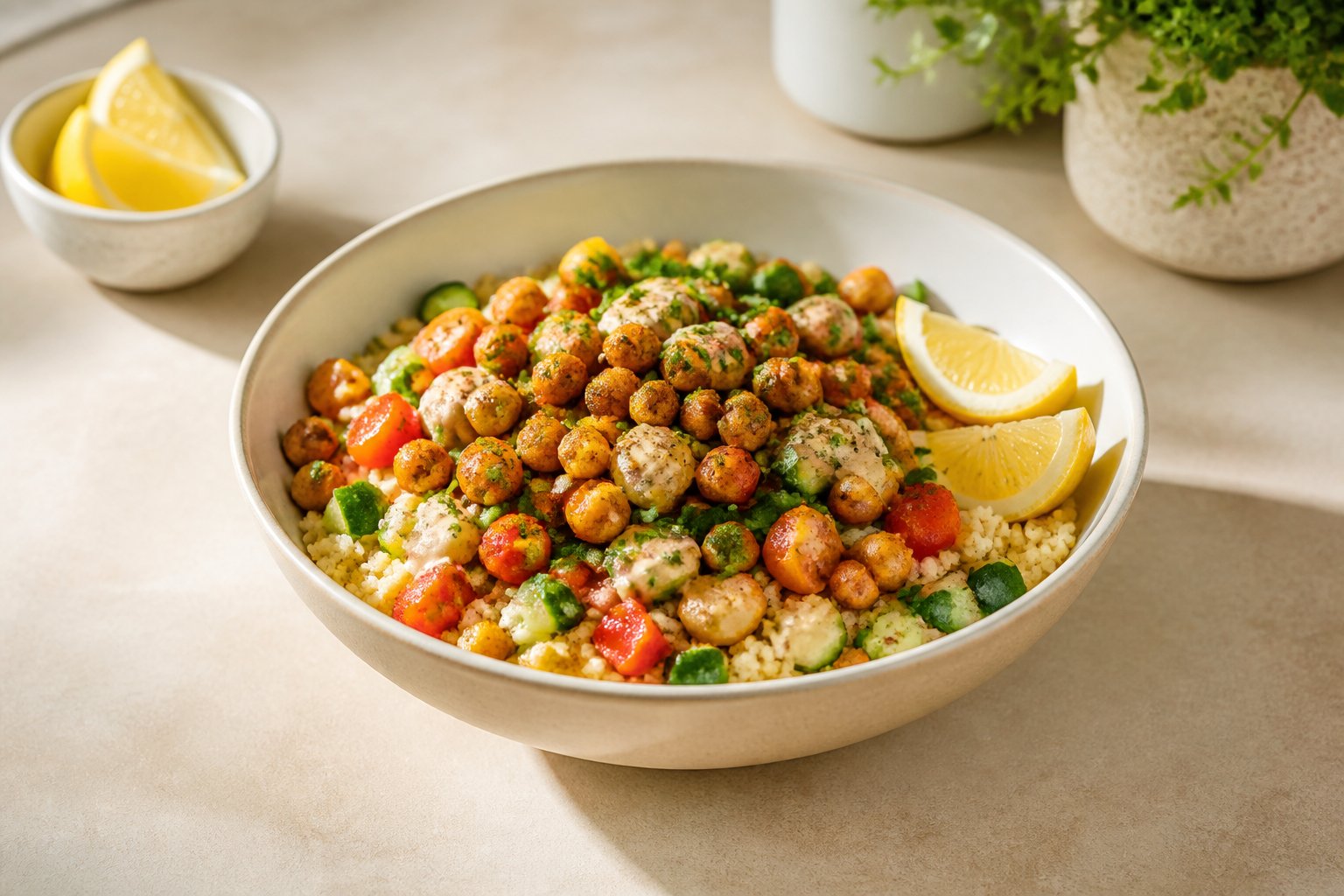 A bowl of couscous topped with spiced chickpeas, colorful vegetables, herbs, and lemon wedges.
