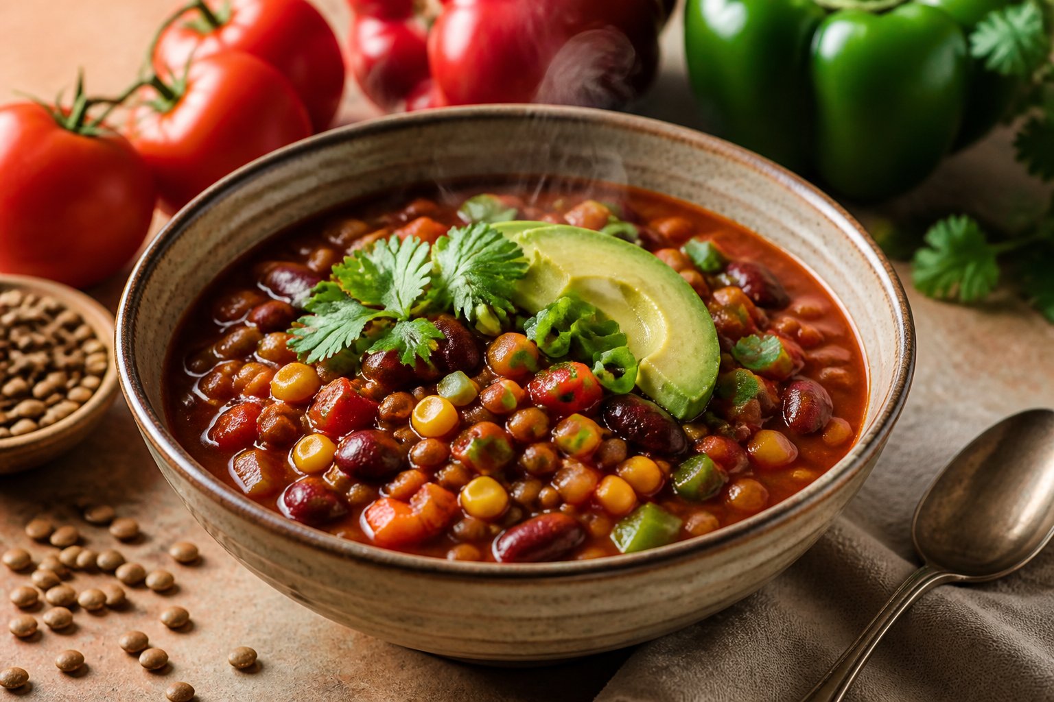 A bowl of hearty vegan lentil chili with beans, vegetables, avocado, and fresh herbs.