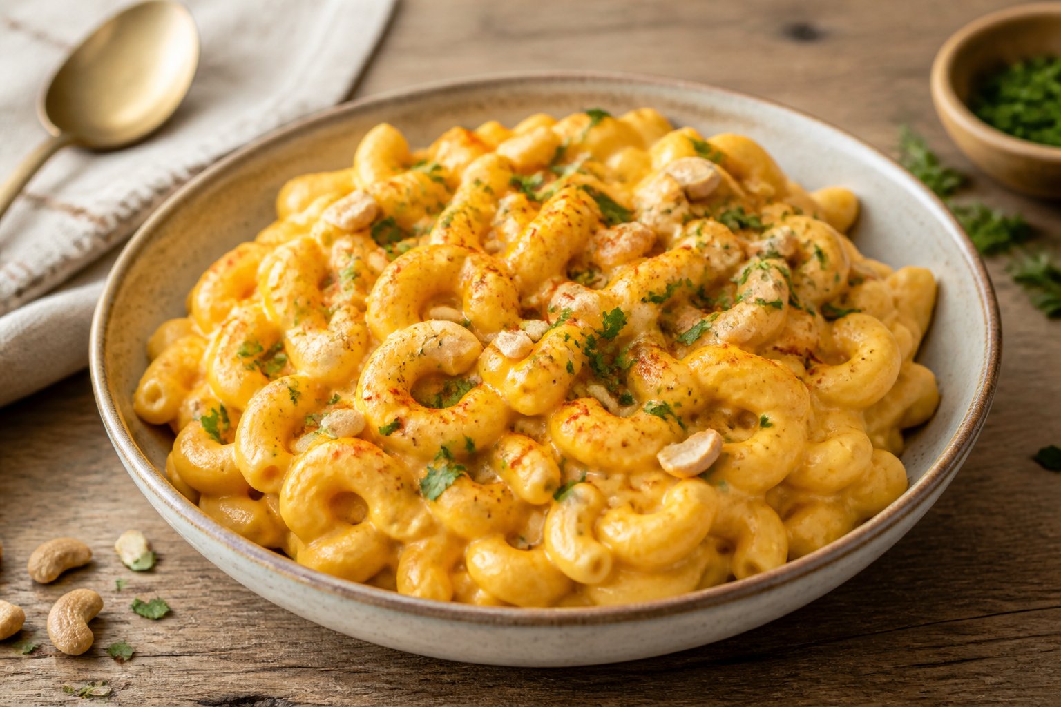 A bowl of creamy vegan macaroni and cheese garnished with parsley and cashews on a wooden table.