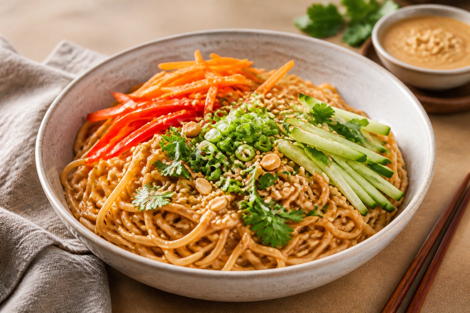 A bowl of peanut sauce noodles topped with vegetables, herbs, crushed peanuts, and sesame seeds.