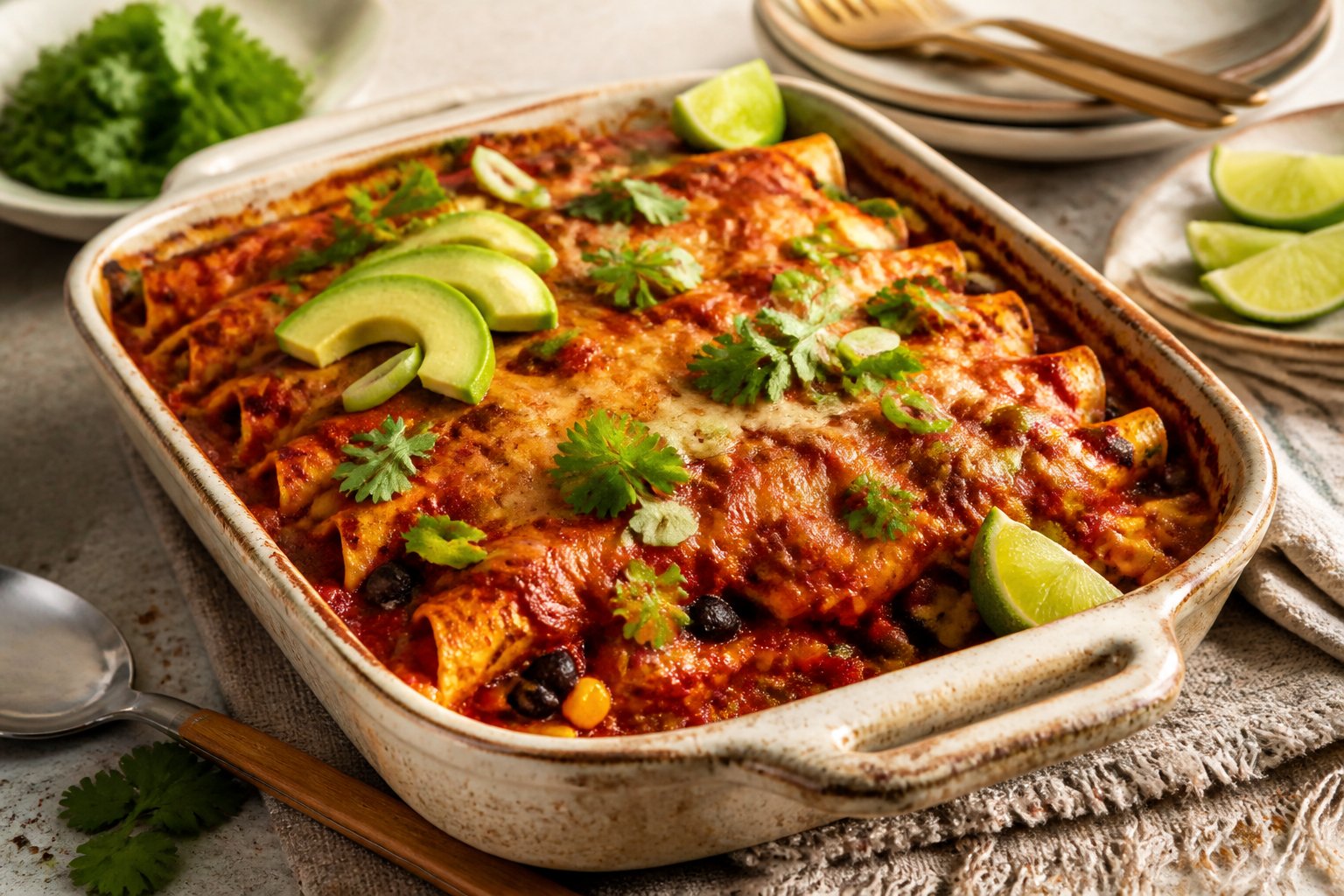 A baked vegan enchilada casserole topped with cilantro, avocado, scallions, and lime wedges.