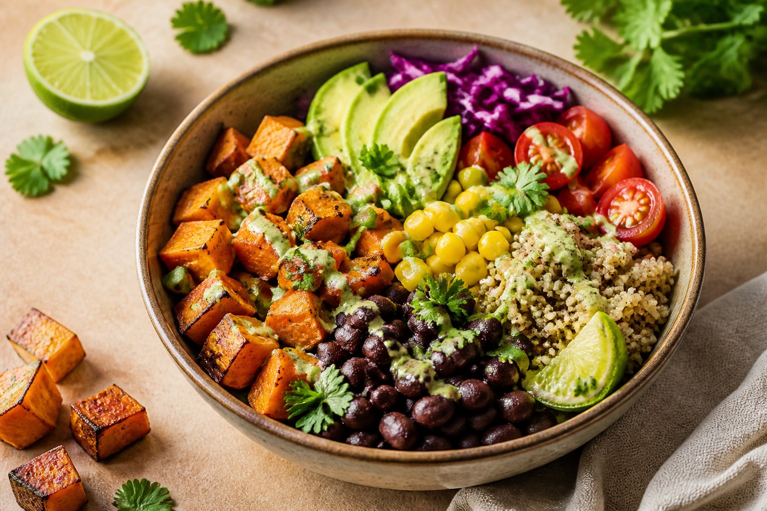 A colorful bowl of roasted sweet potatoes, black beans, grains, vegetables, avocado, and cilantro with a lime wedge.