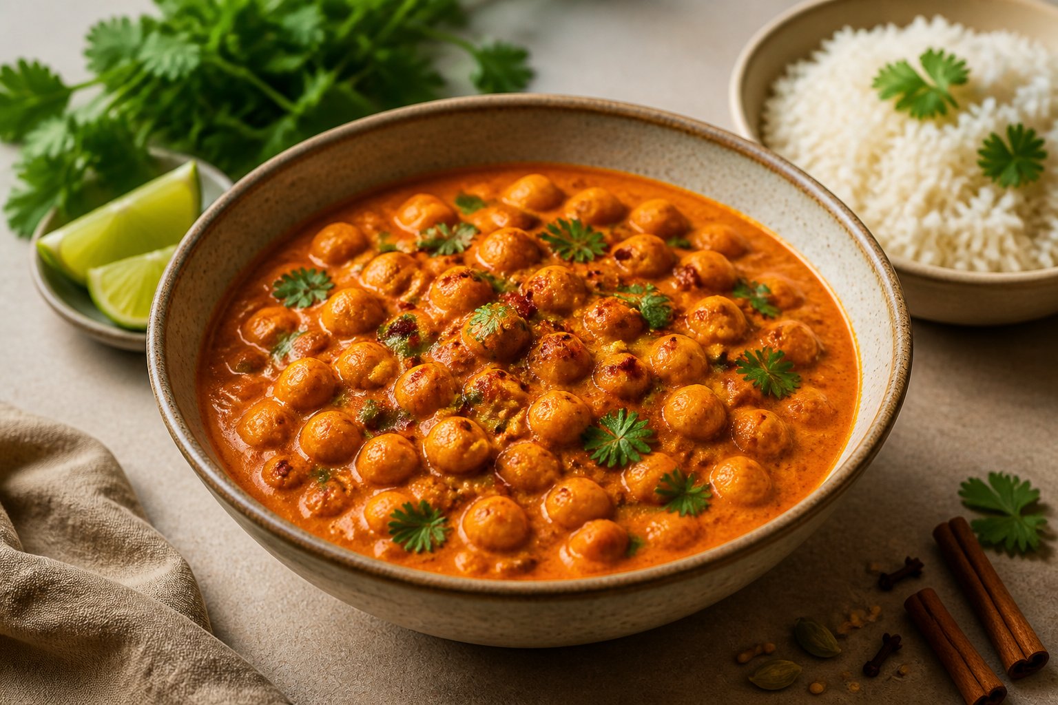 A bowl of chickpea curry with rice, cilantro, and lime on a tabletop.