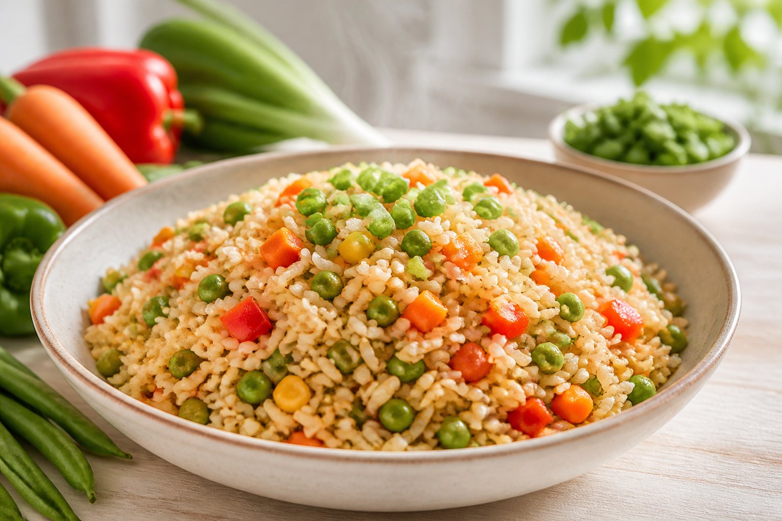 A bowl of colorful vegetable fried rice served on a light kitchen table.