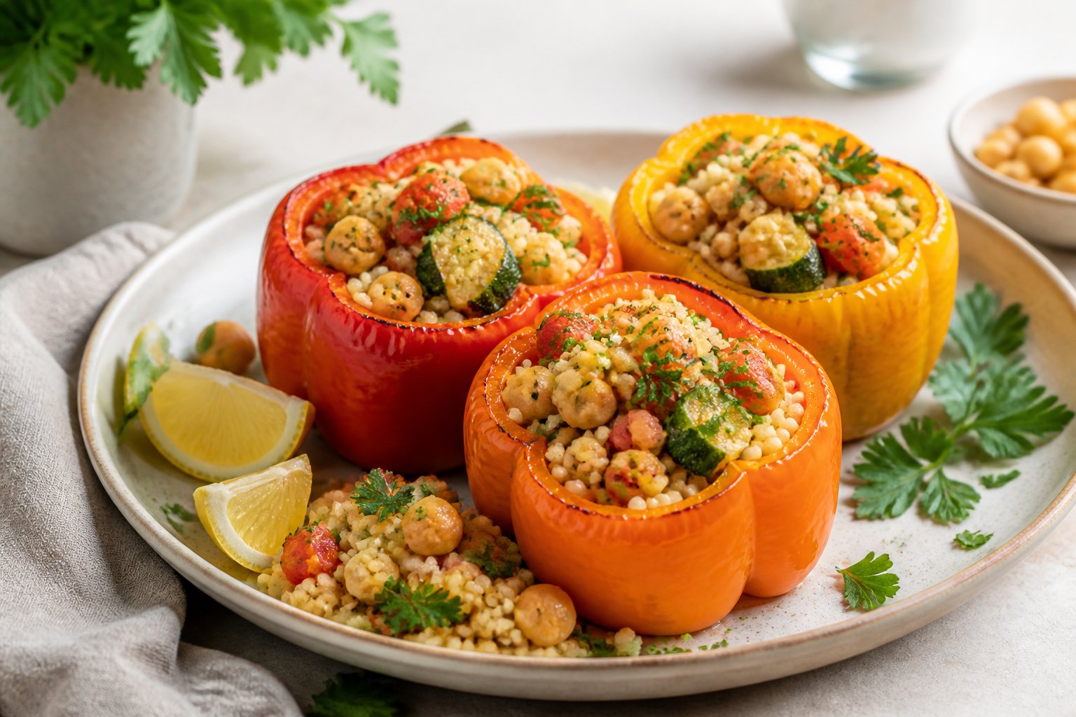 Stuffed red, yellow, and orange bell peppers filled with couscous, chickpeas, and vegetables on a plate.