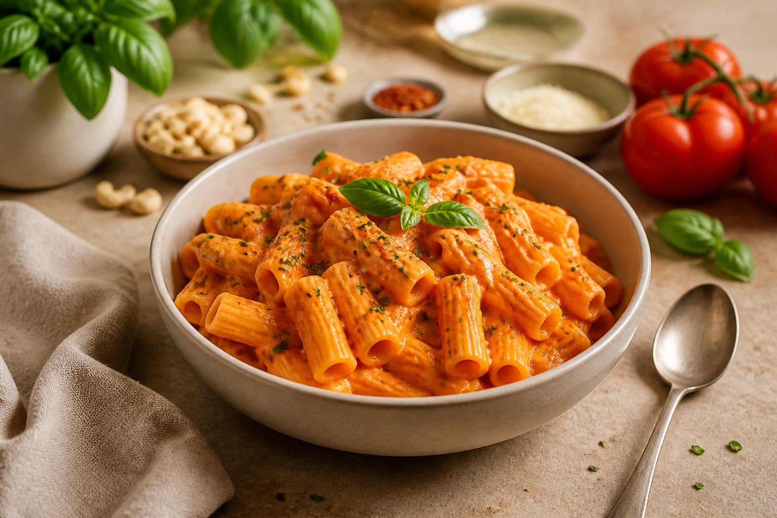 A bowl of creamy tomato vegan vodka pasta garnished with fresh basil on a kitchen table.