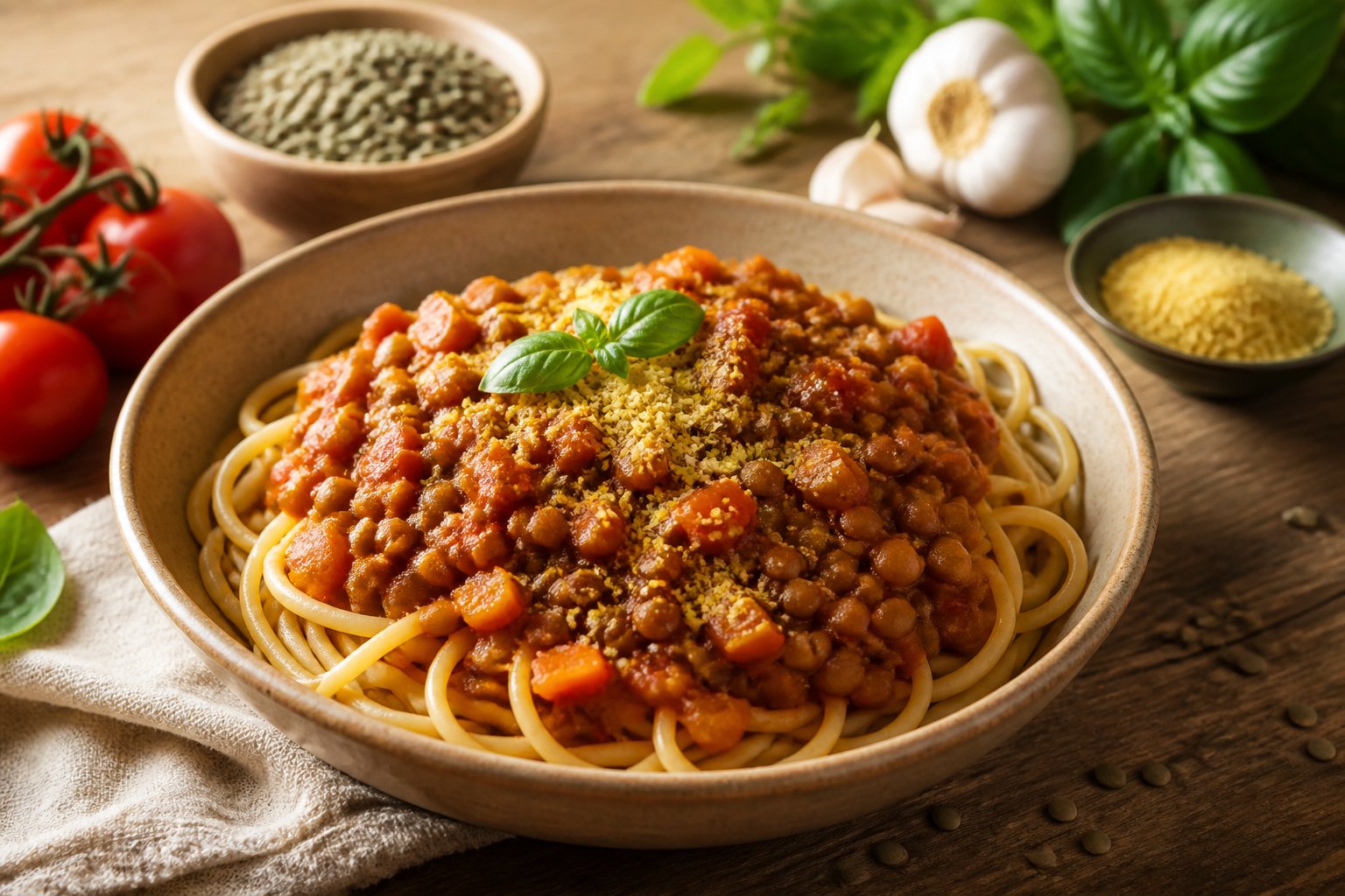 A bowl of lentil ragu with vegetables and herbs served over pasta on a wooden table.