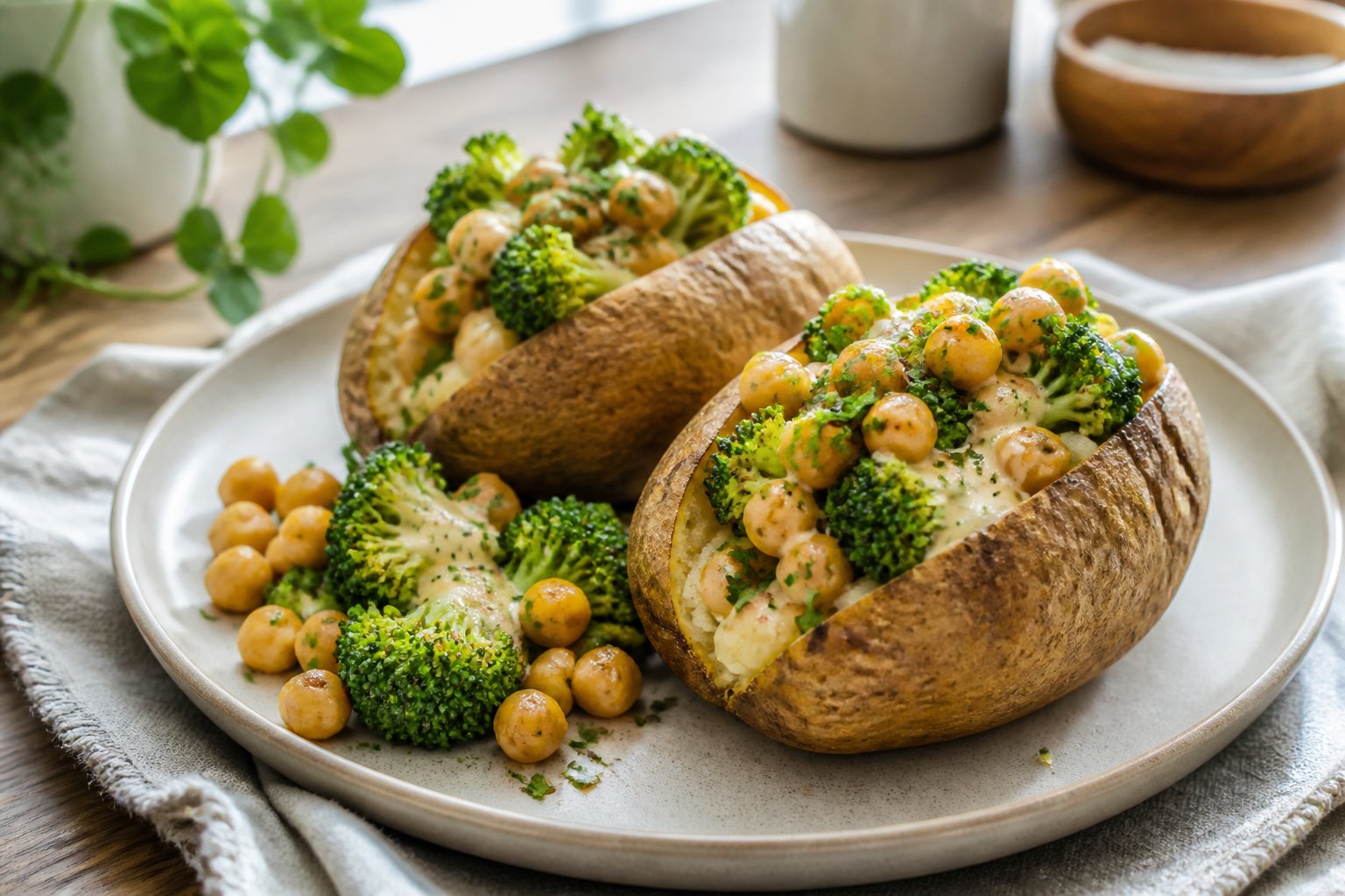 Two baked potatoes filled with broccoli and chickpeas on a plate.