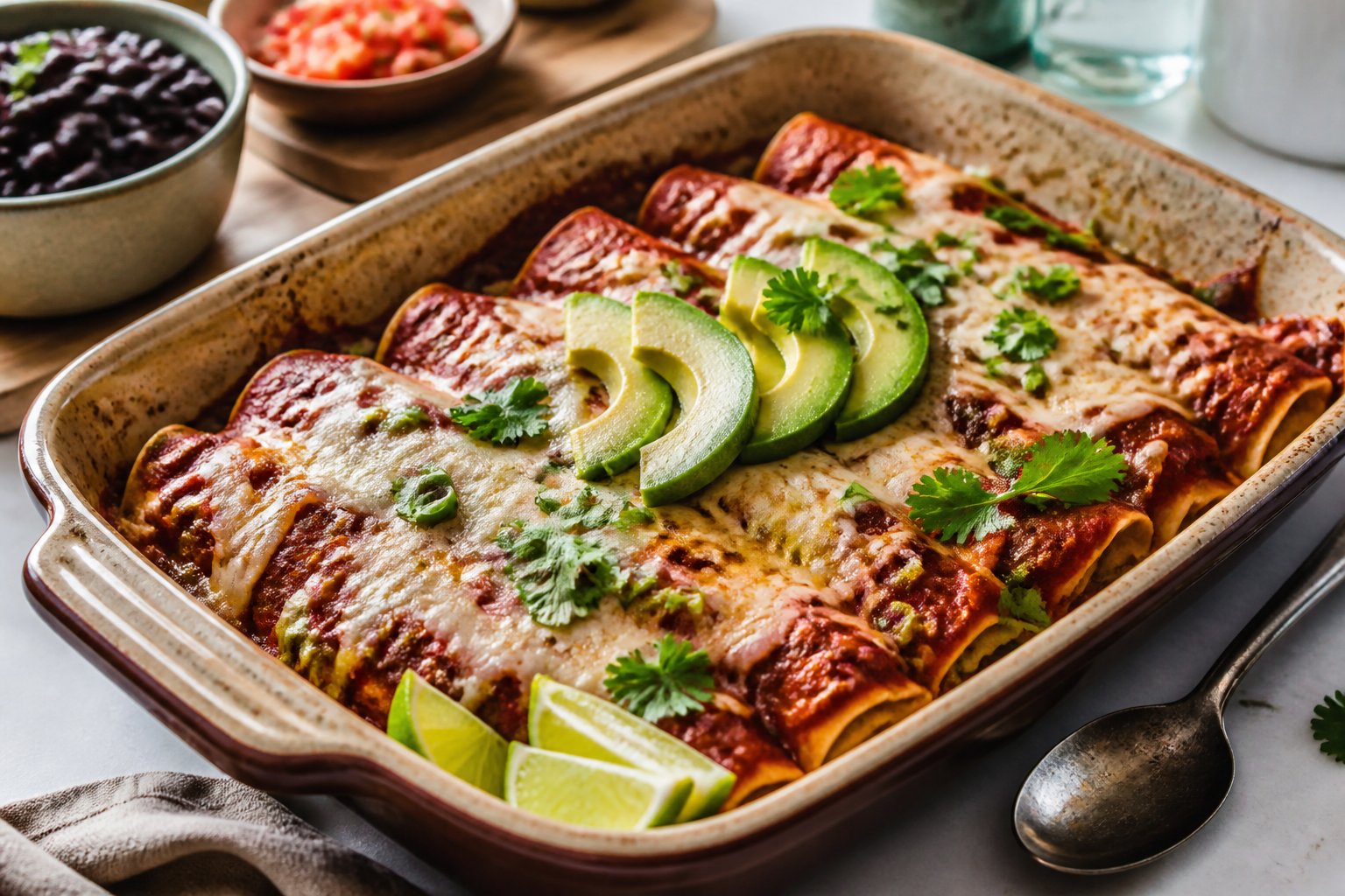 A baking dish of black bean enchiladas topped with red sauce, vegan cheese, cilantro, avocado, and lime.