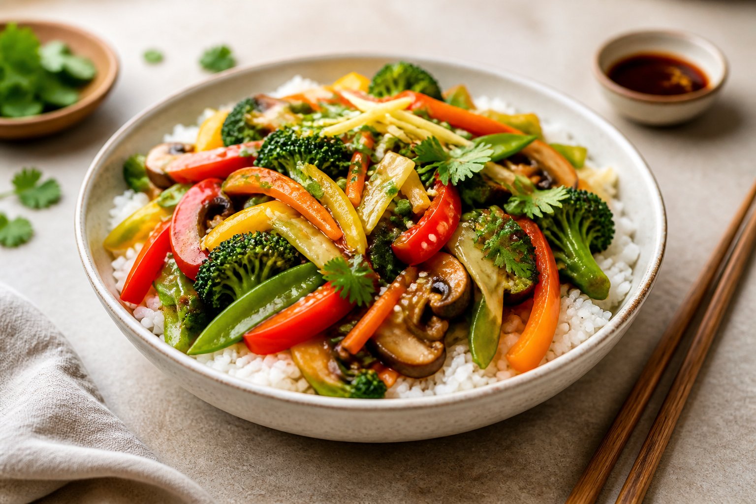 A bowl of steamed rice topped with colorful ginger vegetable stir-fry, garnished with scallions and sesame seeds.