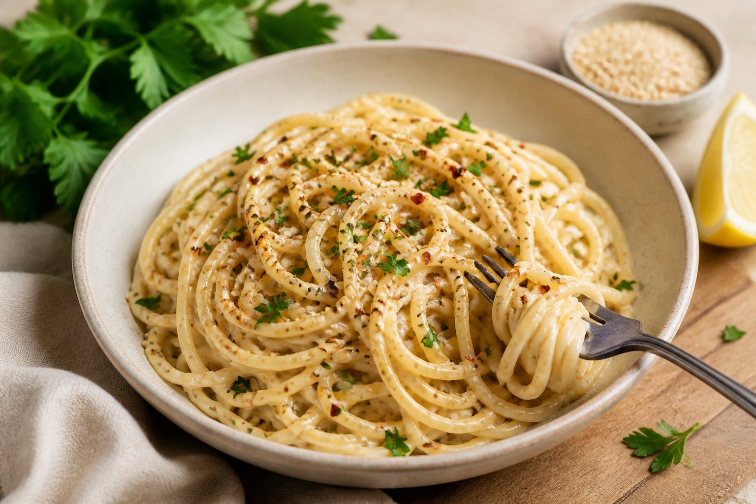 A bowl of creamy tahini pasta garnished with parsley, sesame seeds, black pepper, and red pepper flakes.