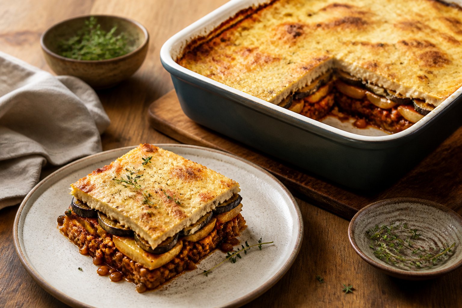 A baked vegan moussaka with layered eggplant, potatoes, lentils, tomato sauce, and golden creamy topping served on a dining table.