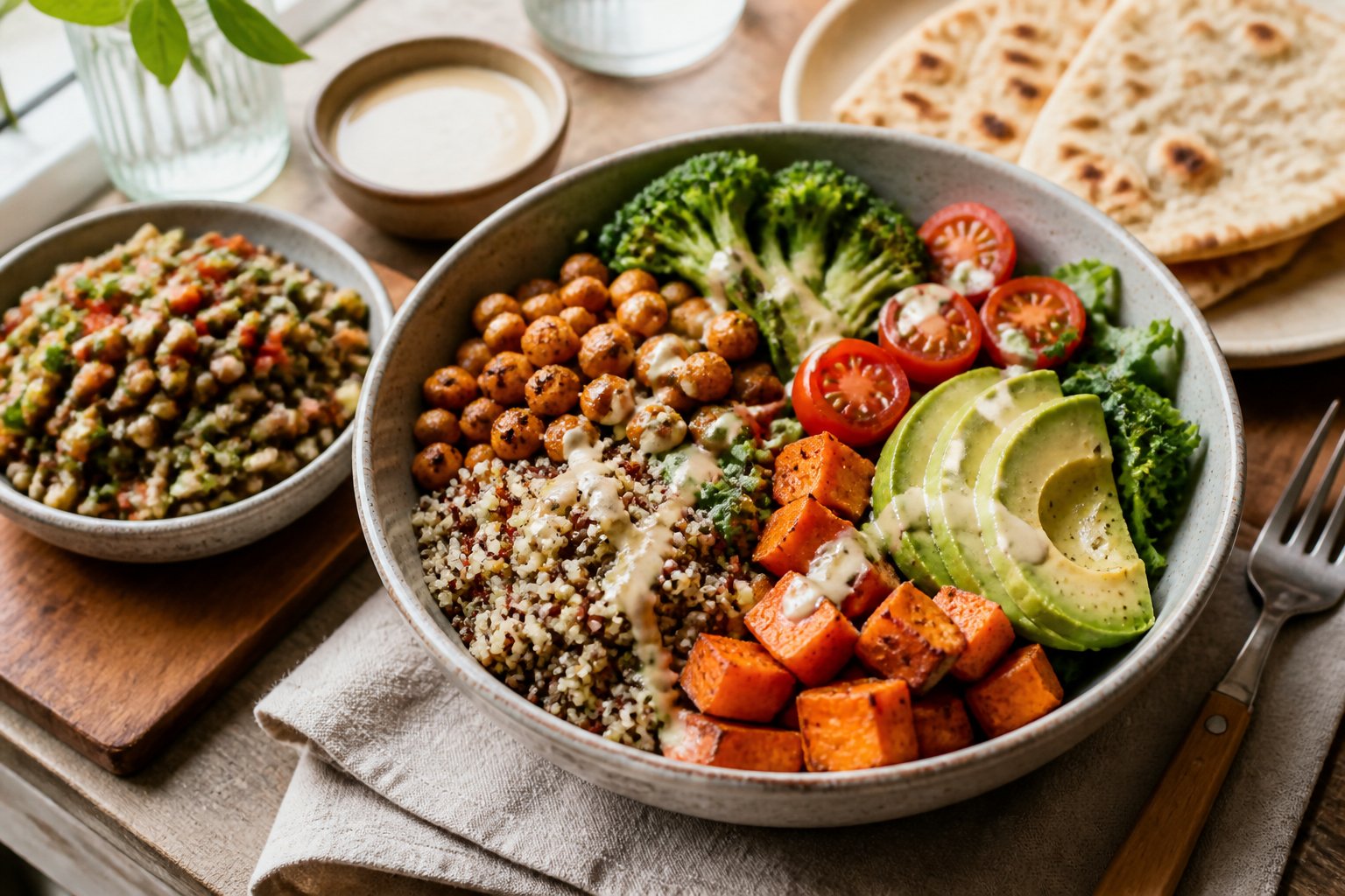 A hearty vegan dinner bowl with quinoa, chickpeas, roasted vegetables, greens, avocado, and flatbread on a dining table.