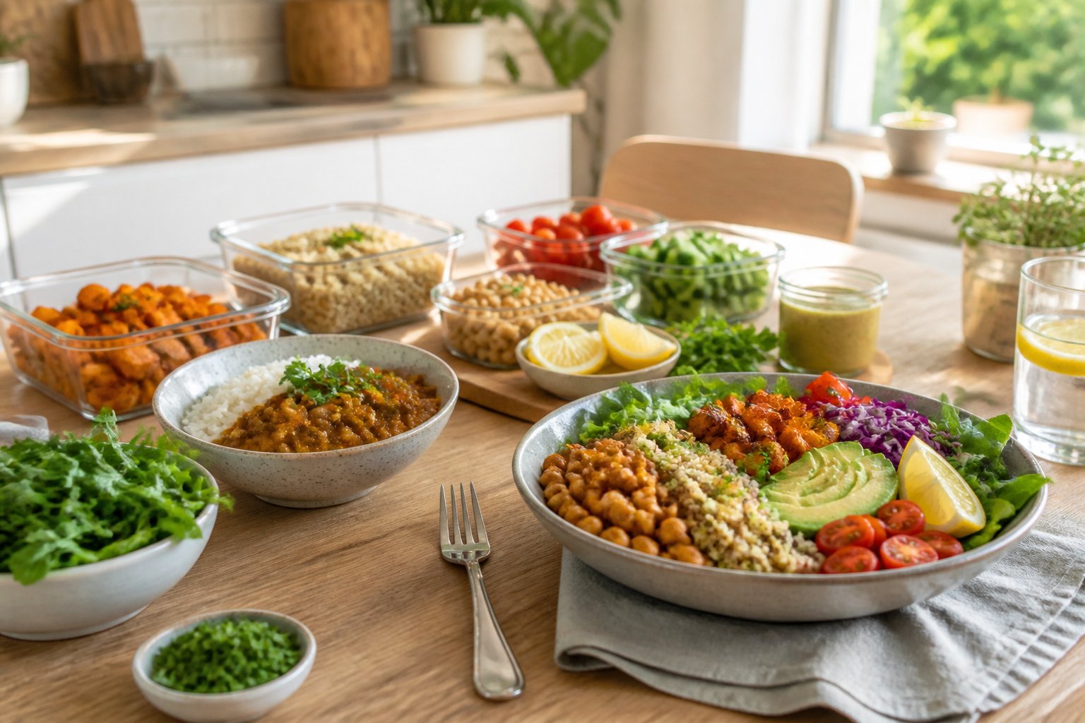A colorful vegan dinner with grain salad, curry, rice, vegetables, and meal-prep containers on a kitchen table.