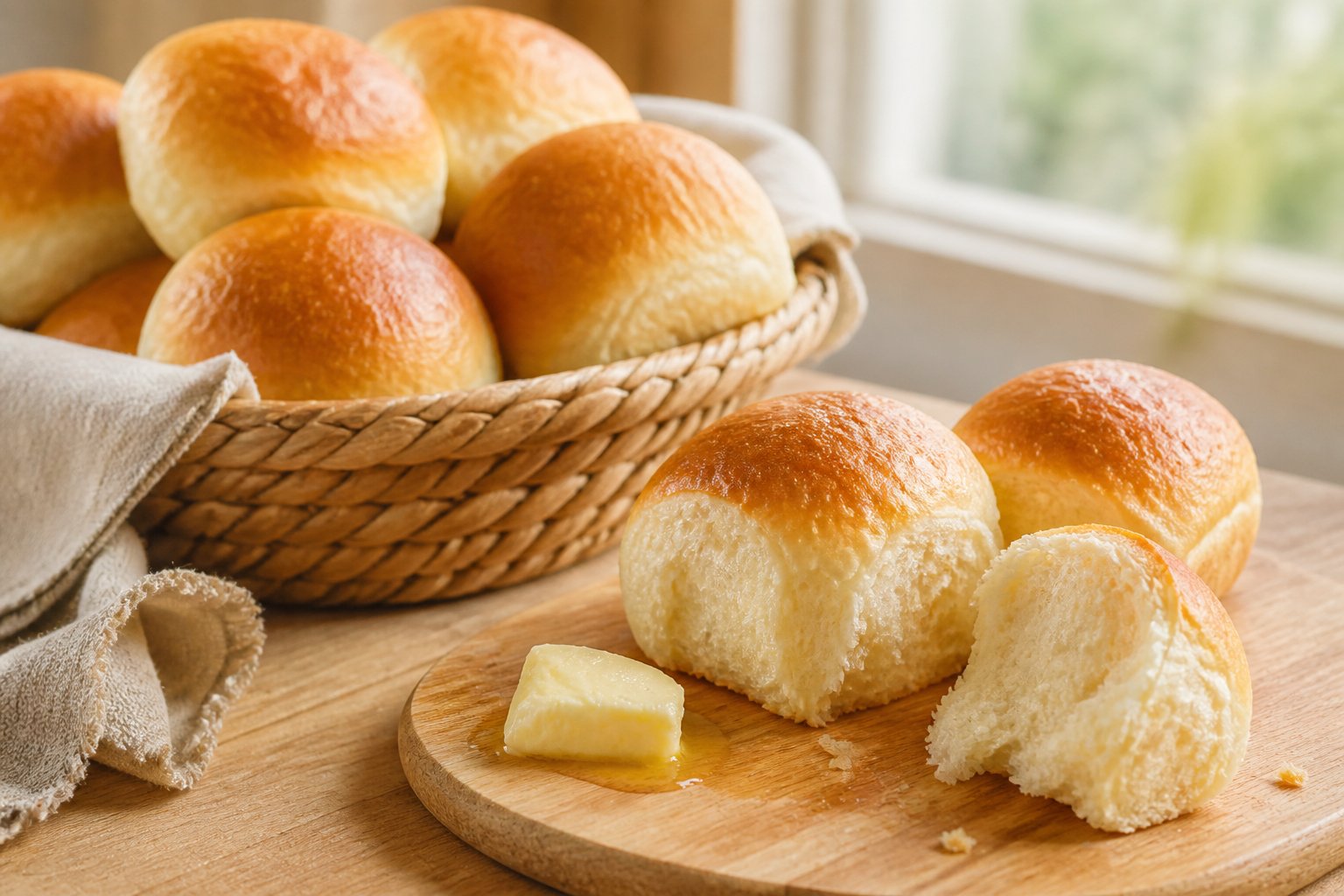 A basket of golden-brown dinner rolls with one roll pulled apart to show its soft interior.