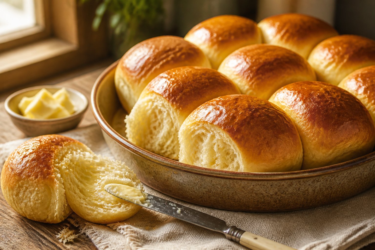 A basket of golden dinner rolls, with one roll opened to show its soft, fluffy interior.