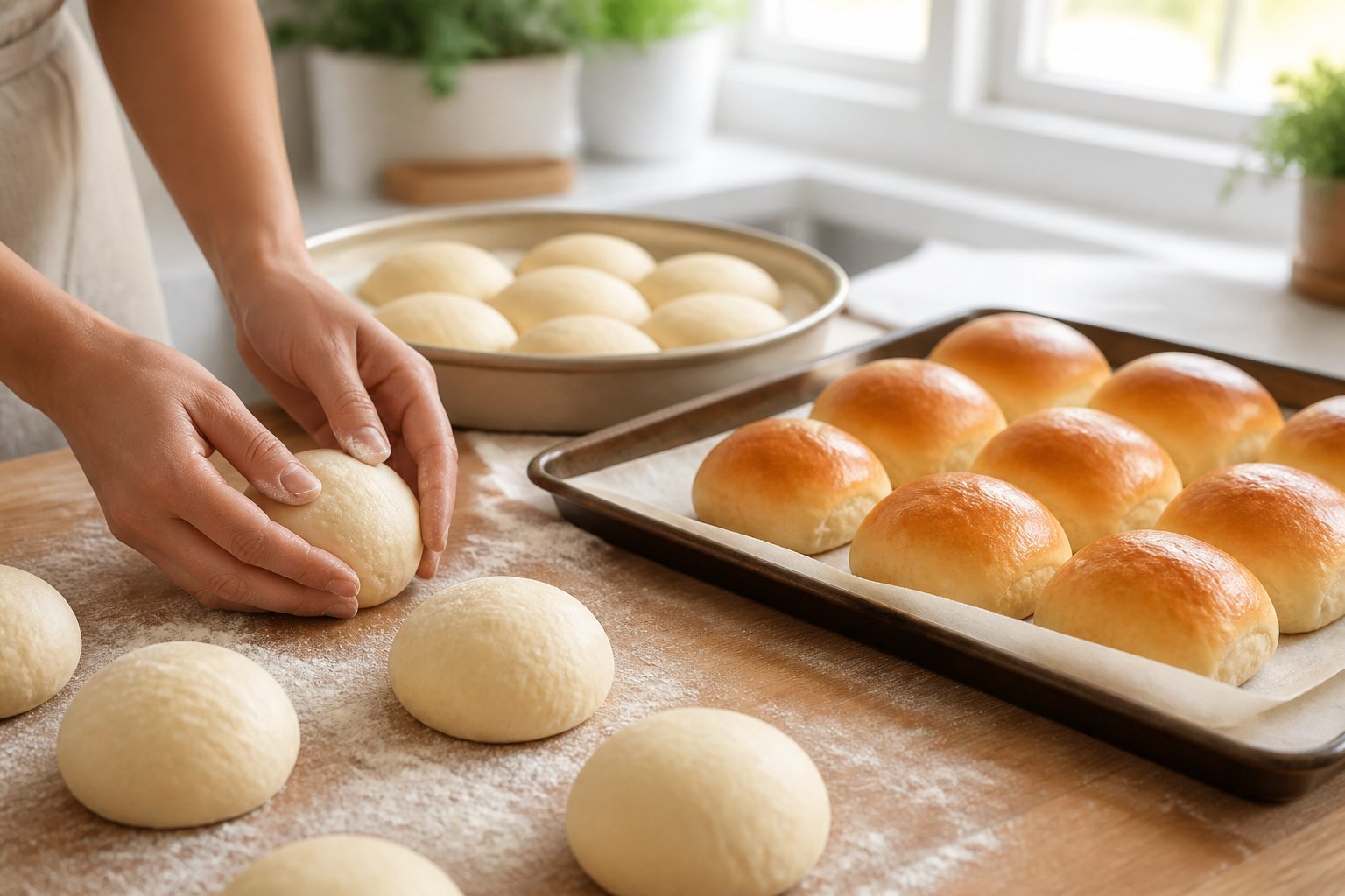 Hands shape dough into round dinner rolls beside trays of proofing and freshly baked rolls.