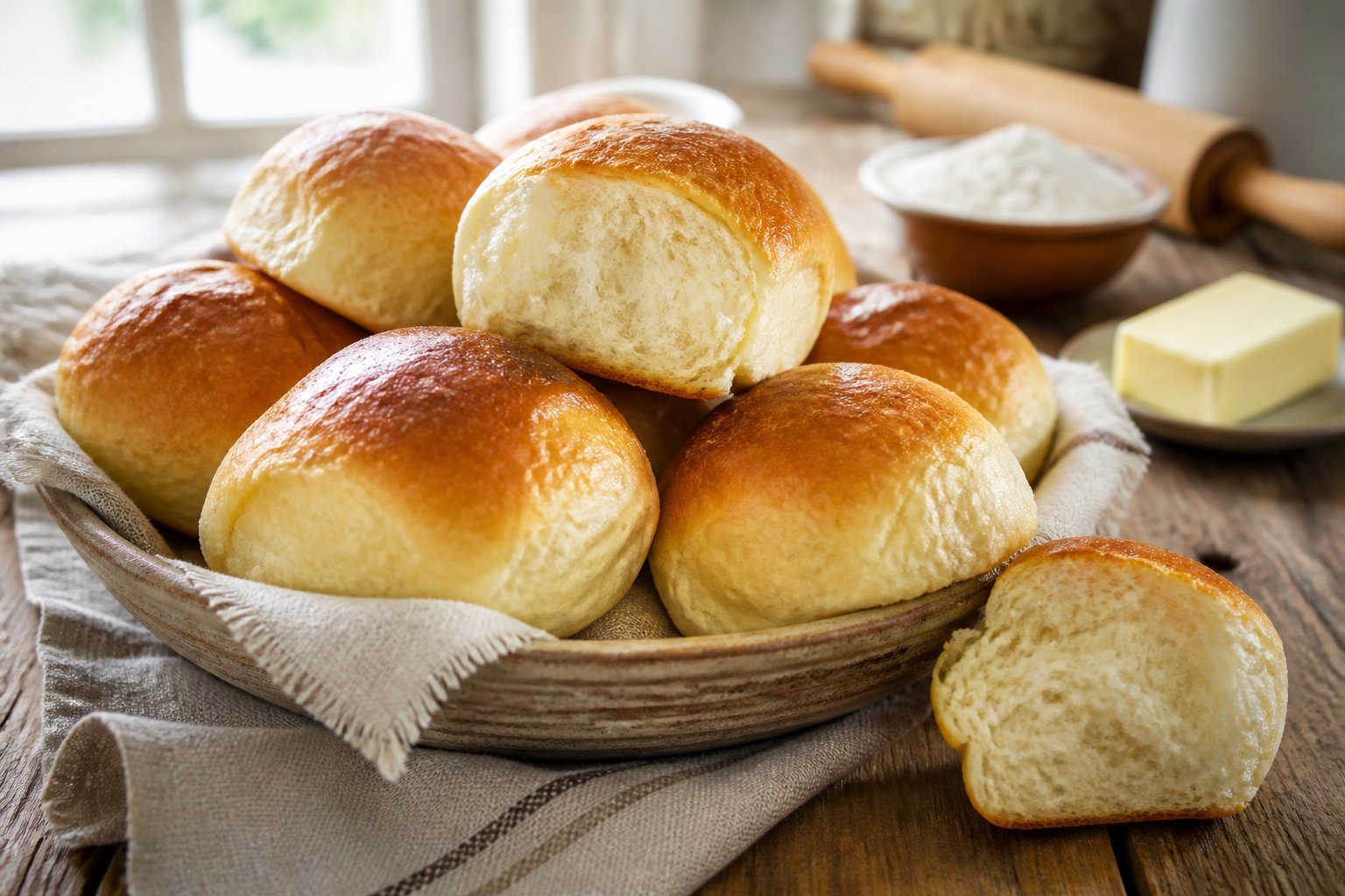 Fresh golden dinner rolls arranged in a basket, with one roll opened to show its soft, airy interior.