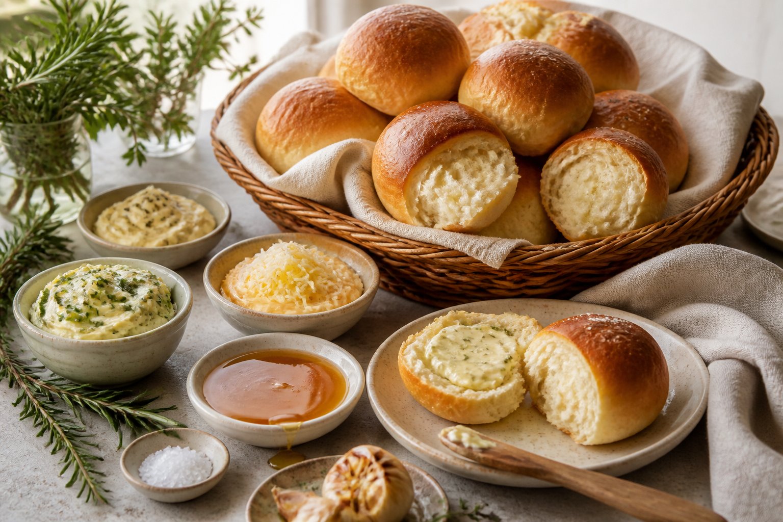 Fresh dinner rolls served with several flavored butters and garnishes.