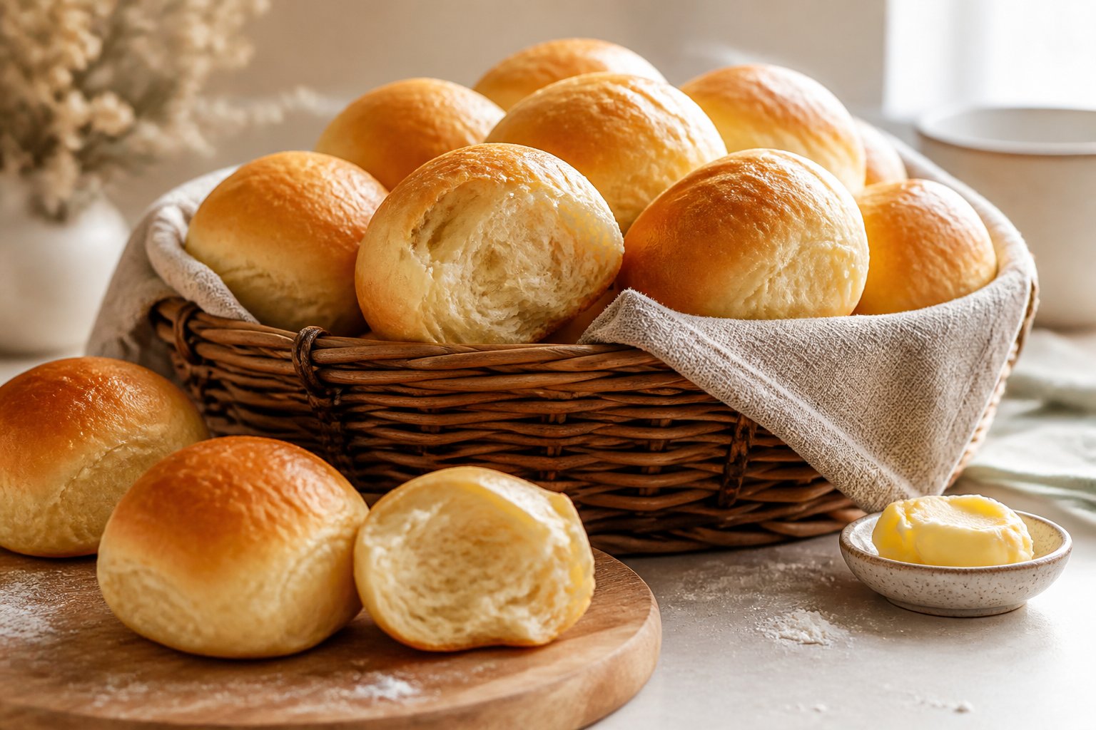 A basket of warm golden dinner rolls sits on a kitchen table beside butter and a linen napkin.
