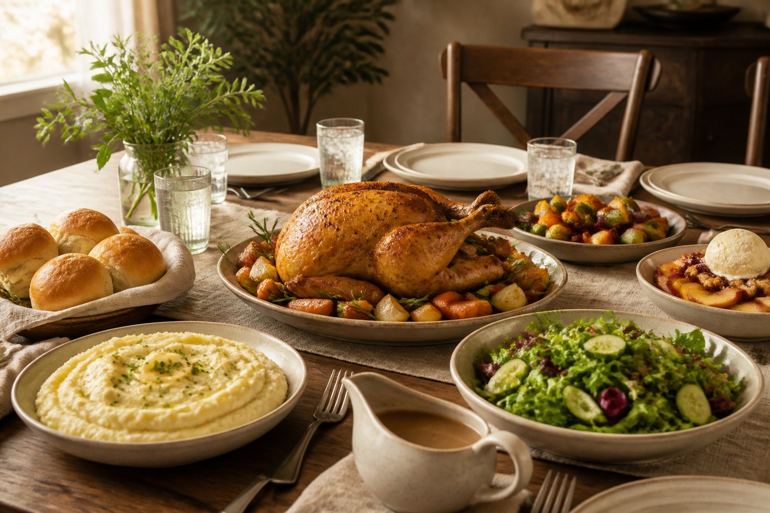 A warmly set dining table with roast chicken, vegetables, mashed potatoes, salad, dinner rolls, and dessert.