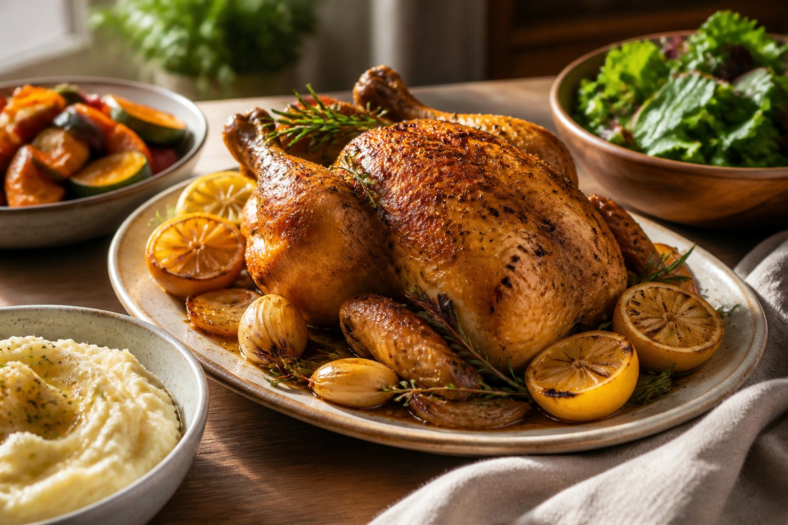A golden roasted lemon and garlic chicken surrounded by mashed potatoes, roasted vegetables, and salad on a dinner table.