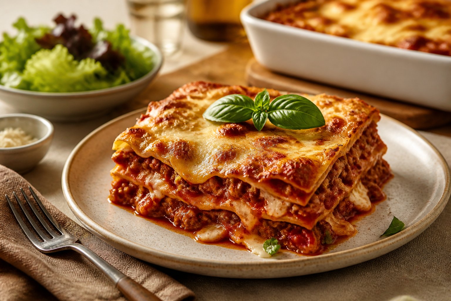 A serving of layered baked lasagna with melted golden cheese on a plate at a warmly set dinner table.