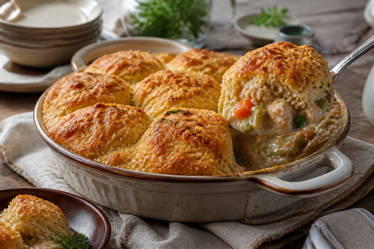 A golden chicken pot pie topped with cheddar biscuits, served in a baking dish on a dinner table.