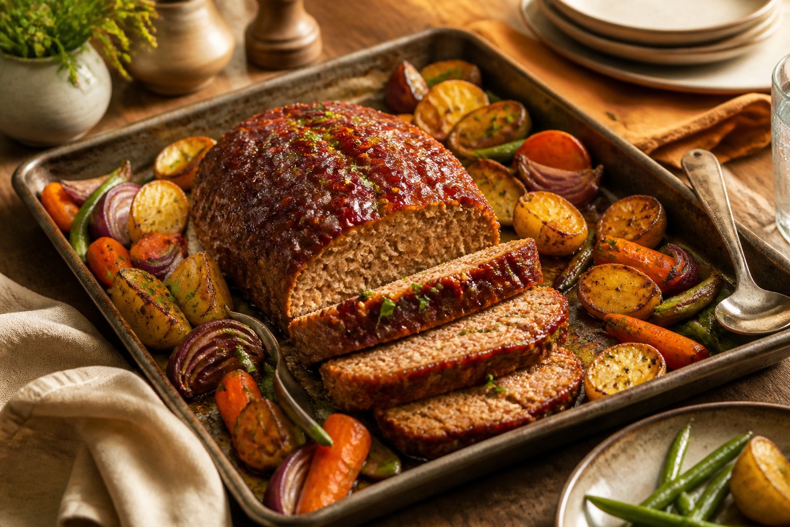 A glazed sliced meatloaf surrounded by roasted potatoes, carrots, red onions, and green beans on a sheet pan.