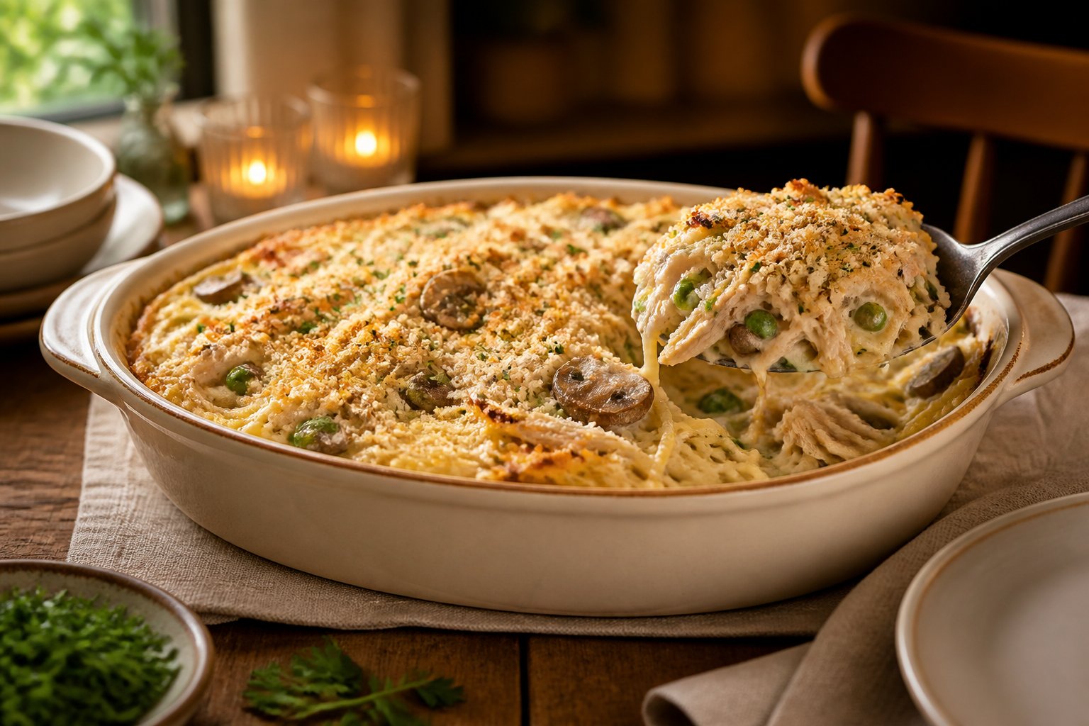 A golden baked dish of creamy chicken tetrazzini with pasta, mushrooms, peas, and melted cheese on a dining table.