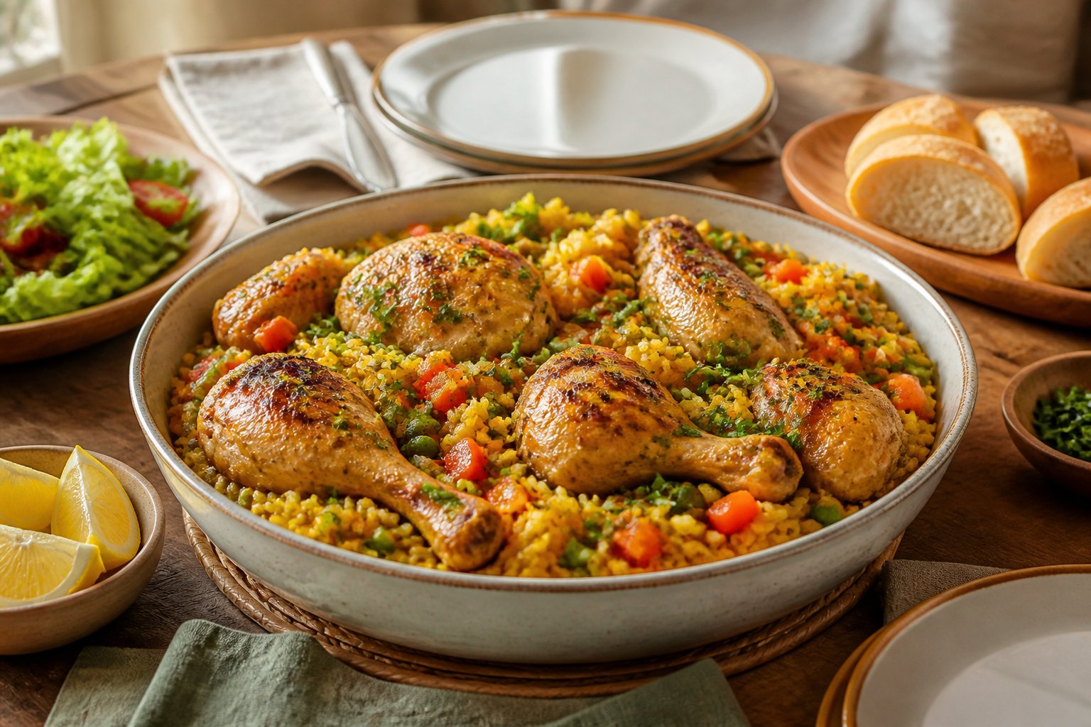 A serving dish of arroz con pollo with golden rice and vegetables sits on a table with salad, bread, and lemon wedges.