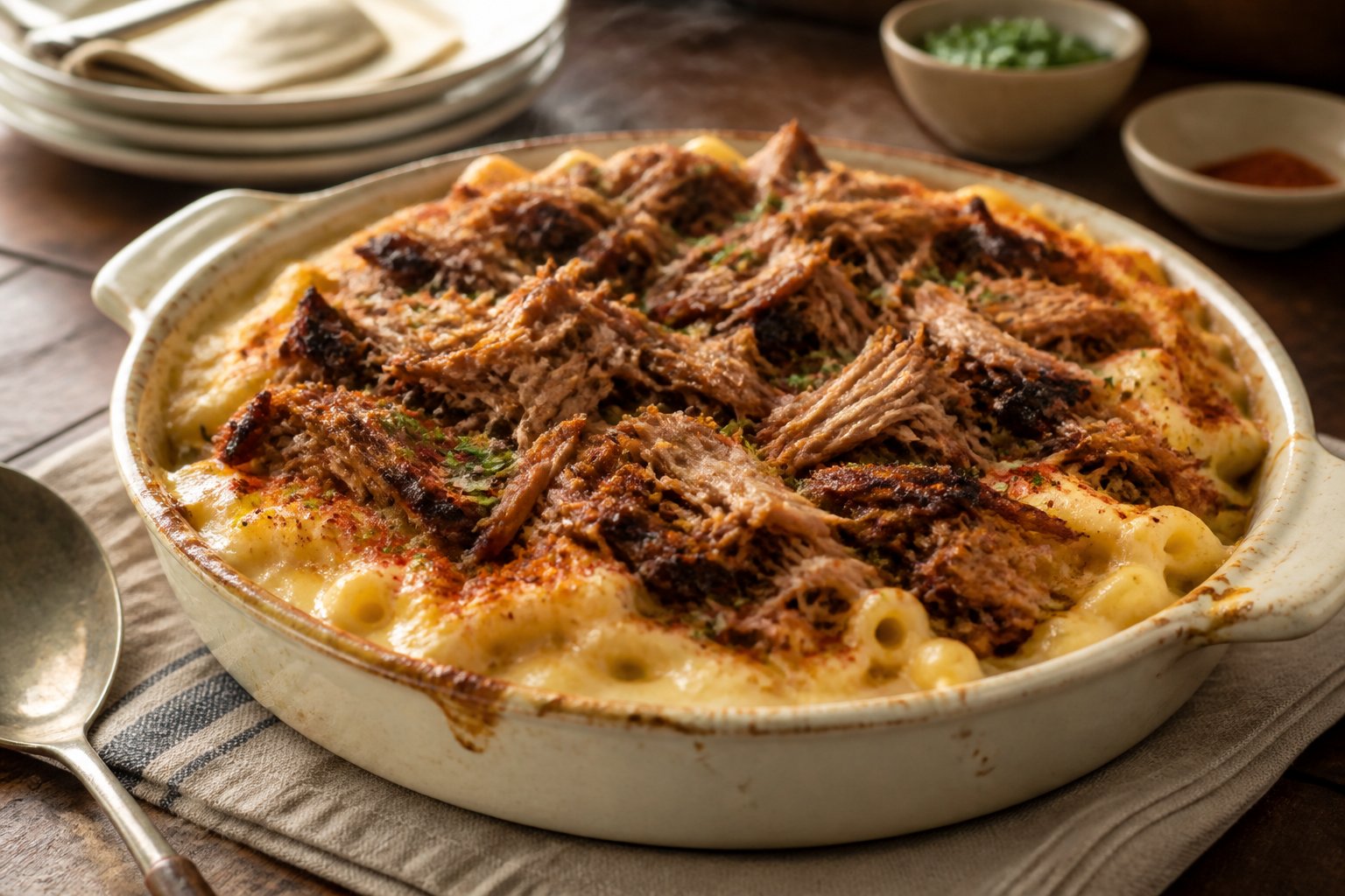 A casserole of baked macaroni and cheese topped with pulled pork on a wooden dining table.