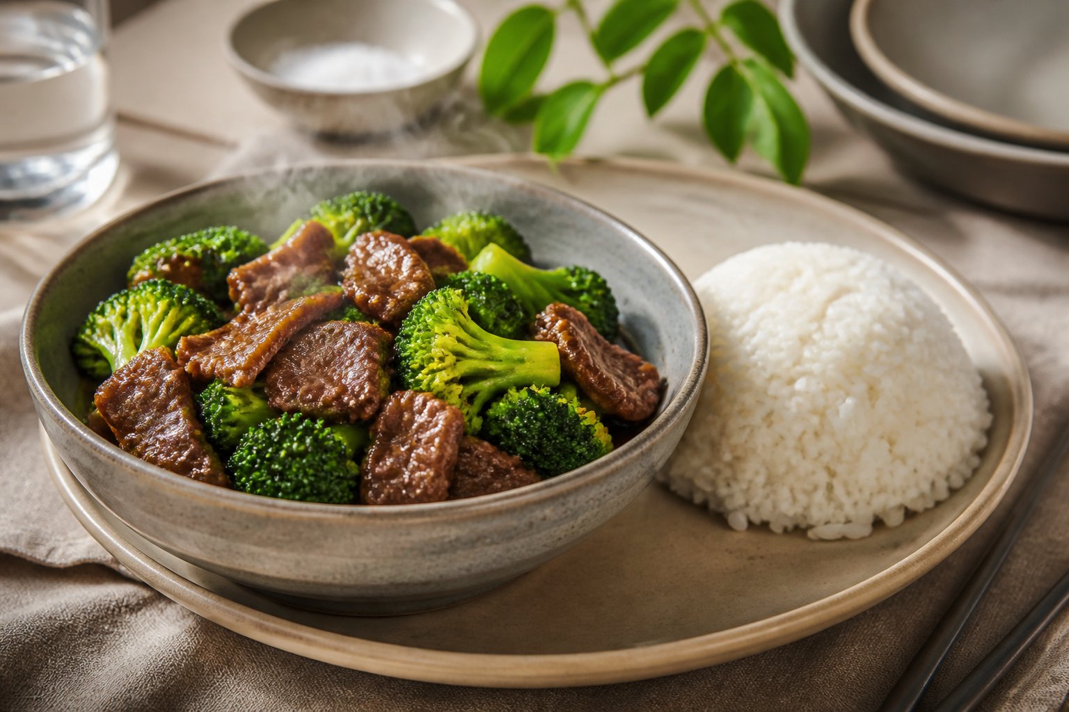 A bowl of beef and broccoli served with steamed white rice on a dining table.