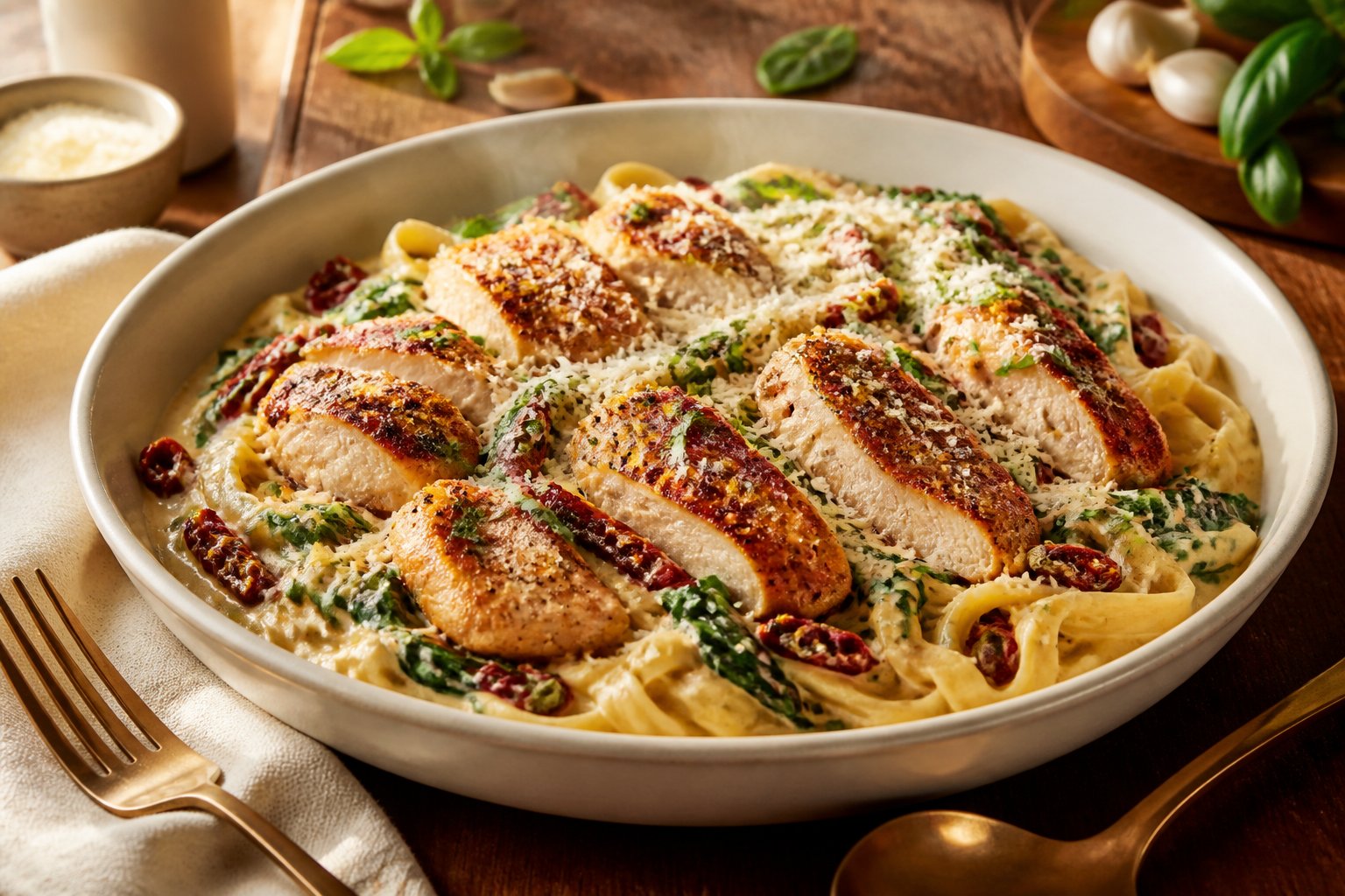 A bowl of creamy Tuscan chicken and pasta with spinach and sun-dried tomatoes on a dining table.