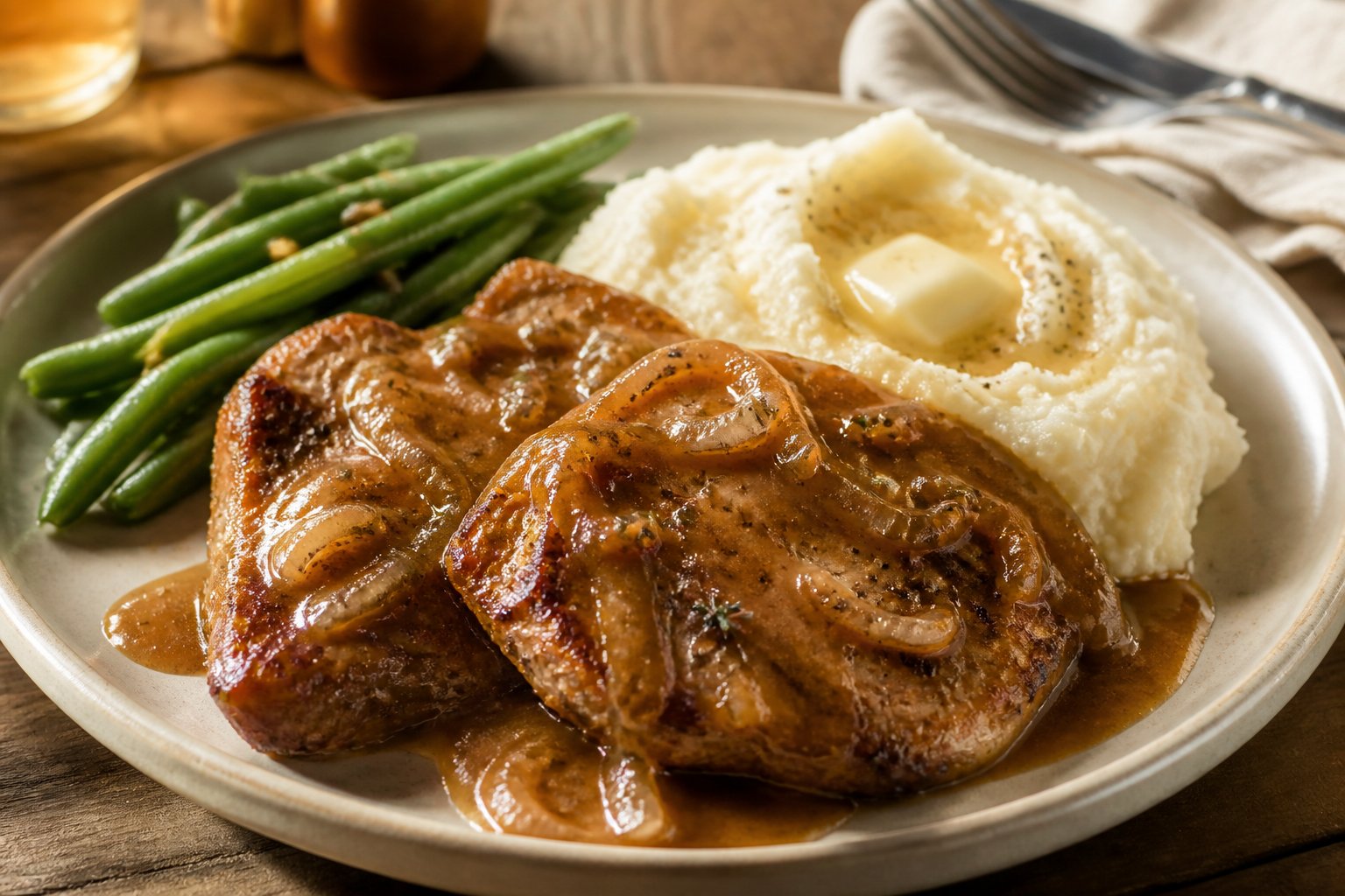 A plate of smothered pork chops with onion gravy, mashed potatoes, and green beans.