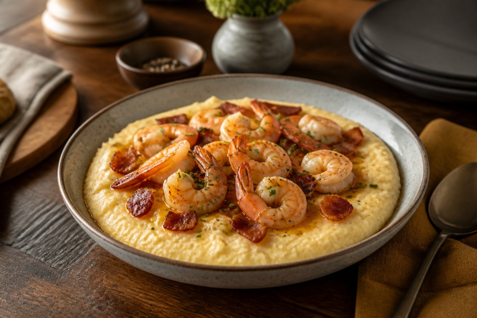 A bowl of creamy shrimp and grits topped with bacon and herbs on a wooden dining table.
