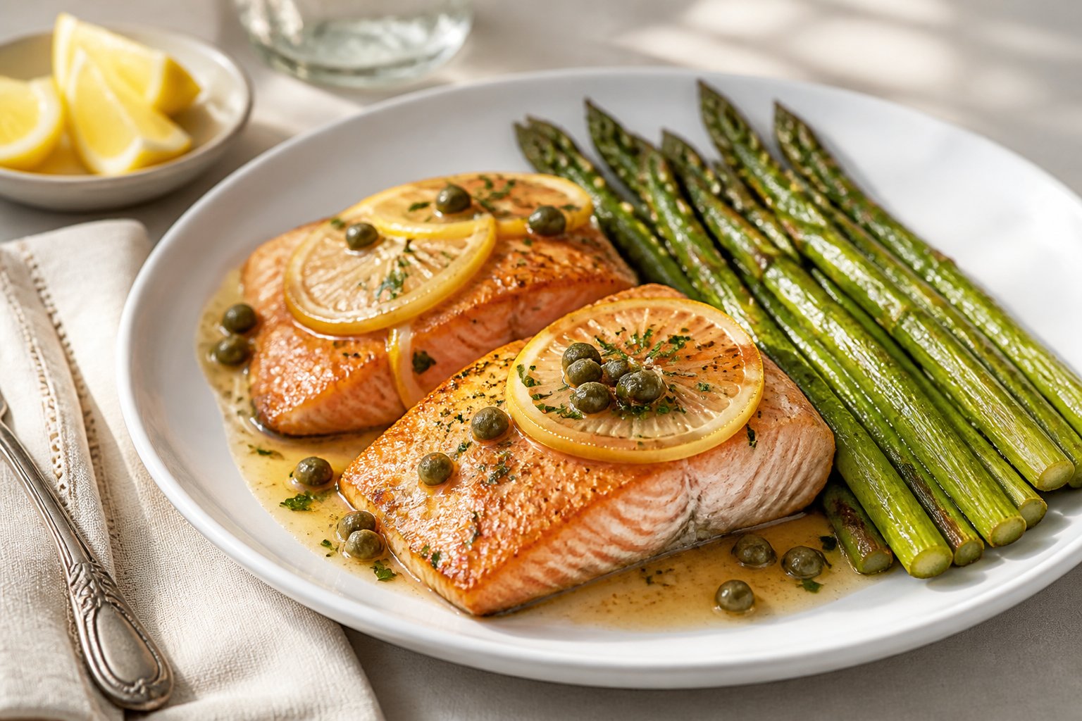 A plate of lemon-caper salmon piccata served with roasted asparagus.