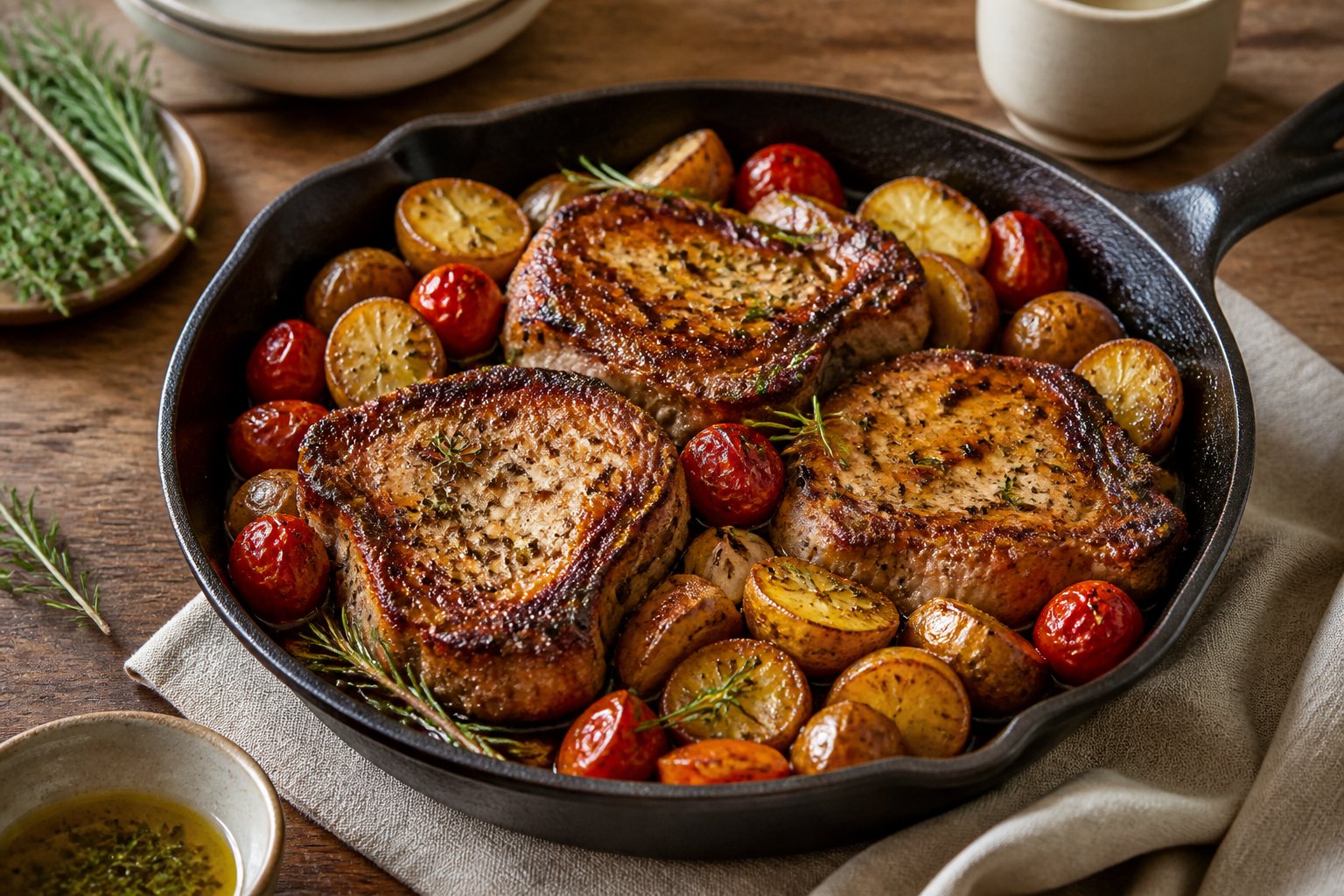 Golden pork chops and roasted potatoes with herbs served in a cast-iron skillet on a wooden table.