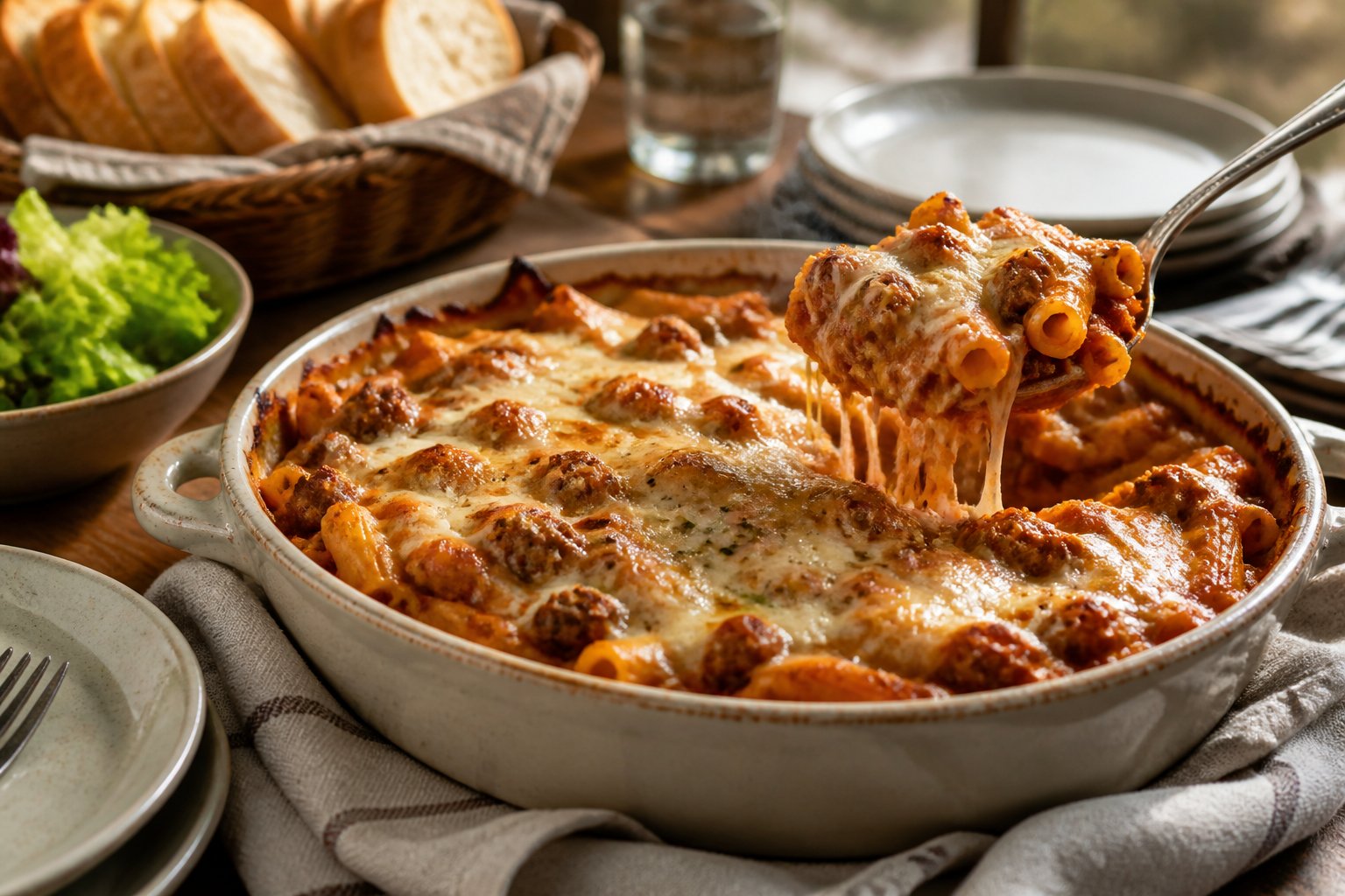 A baked ziti casserole with Italian sausage, melted cheese, and tomato sauce sits on a warmly set dinner table.
