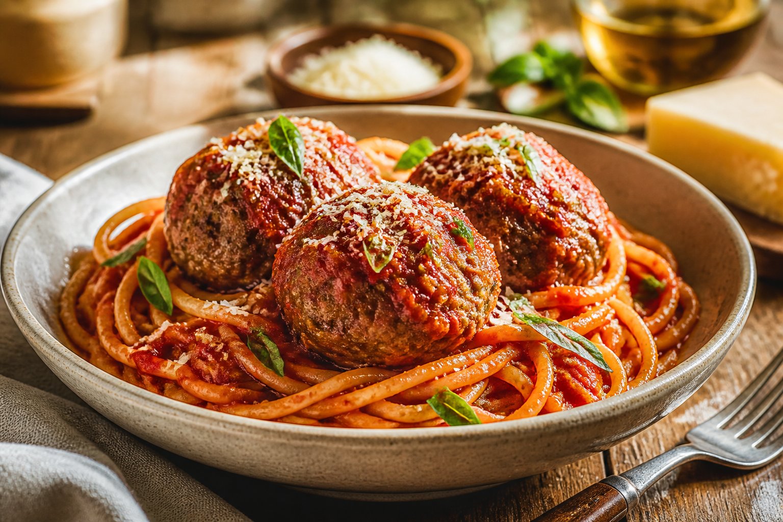 A bowl of spaghetti with tomato sauce, oversized meatballs, Parmesan cheese, and fresh basil on a dining table.