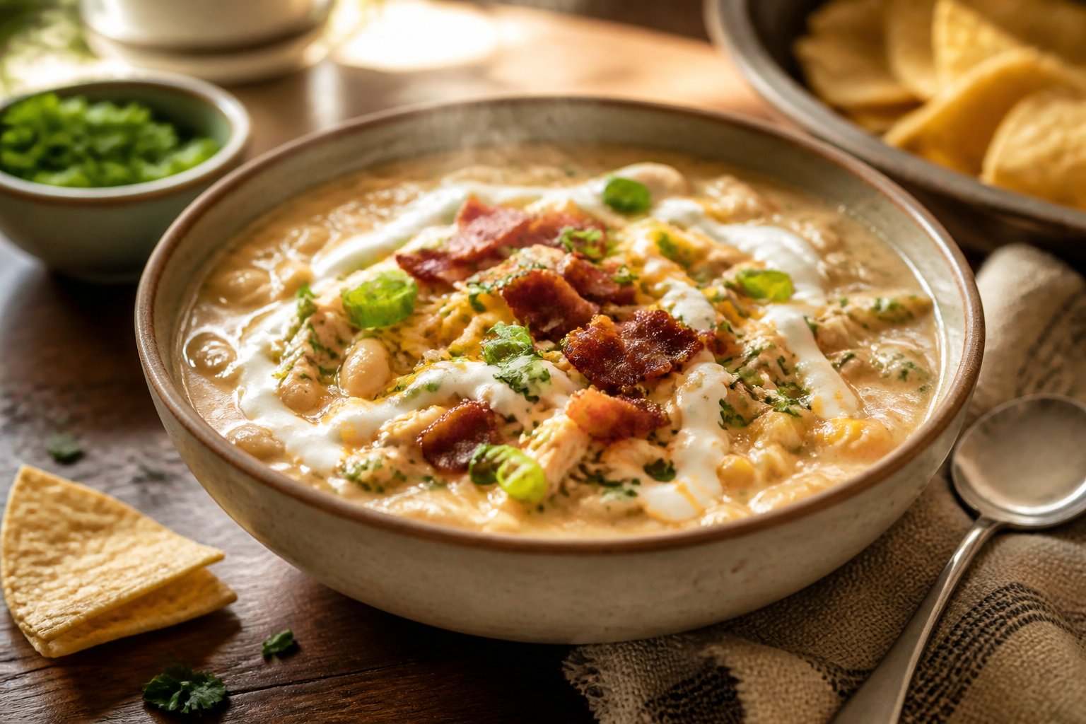A bowl of creamy white chicken chili topped with bacon, ranch dressing, green onions, and herbs on a warmly set dinner table.