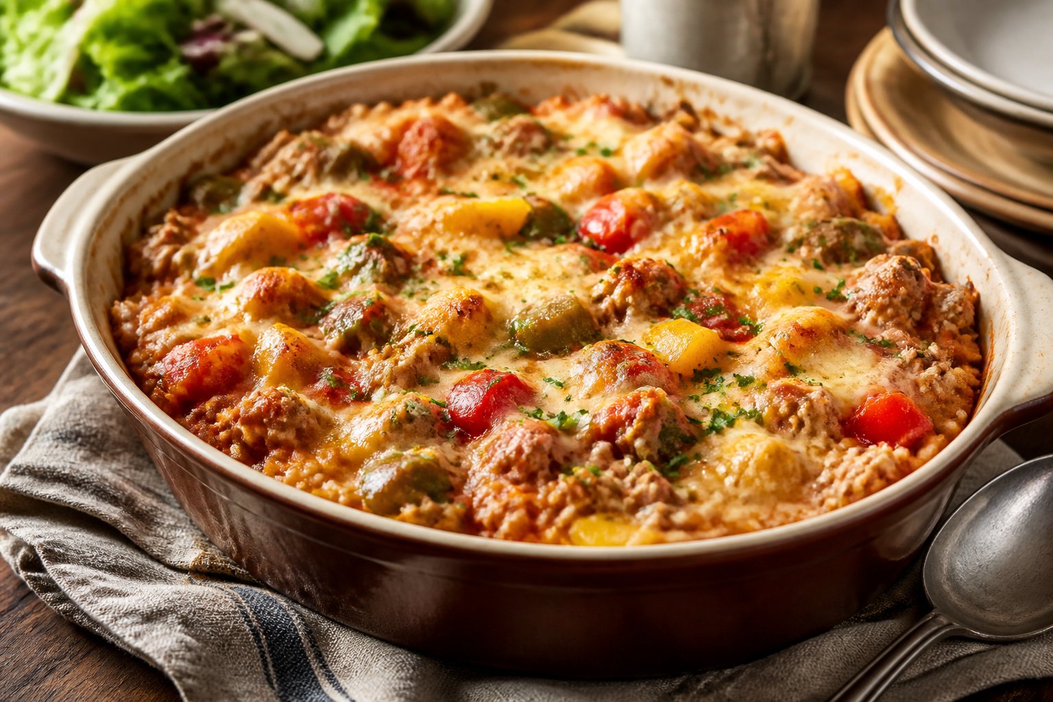 A warm casserole of ground turkey, rice, colorful bell peppers, tomato sauce, and melted cheese served in a baking dish.