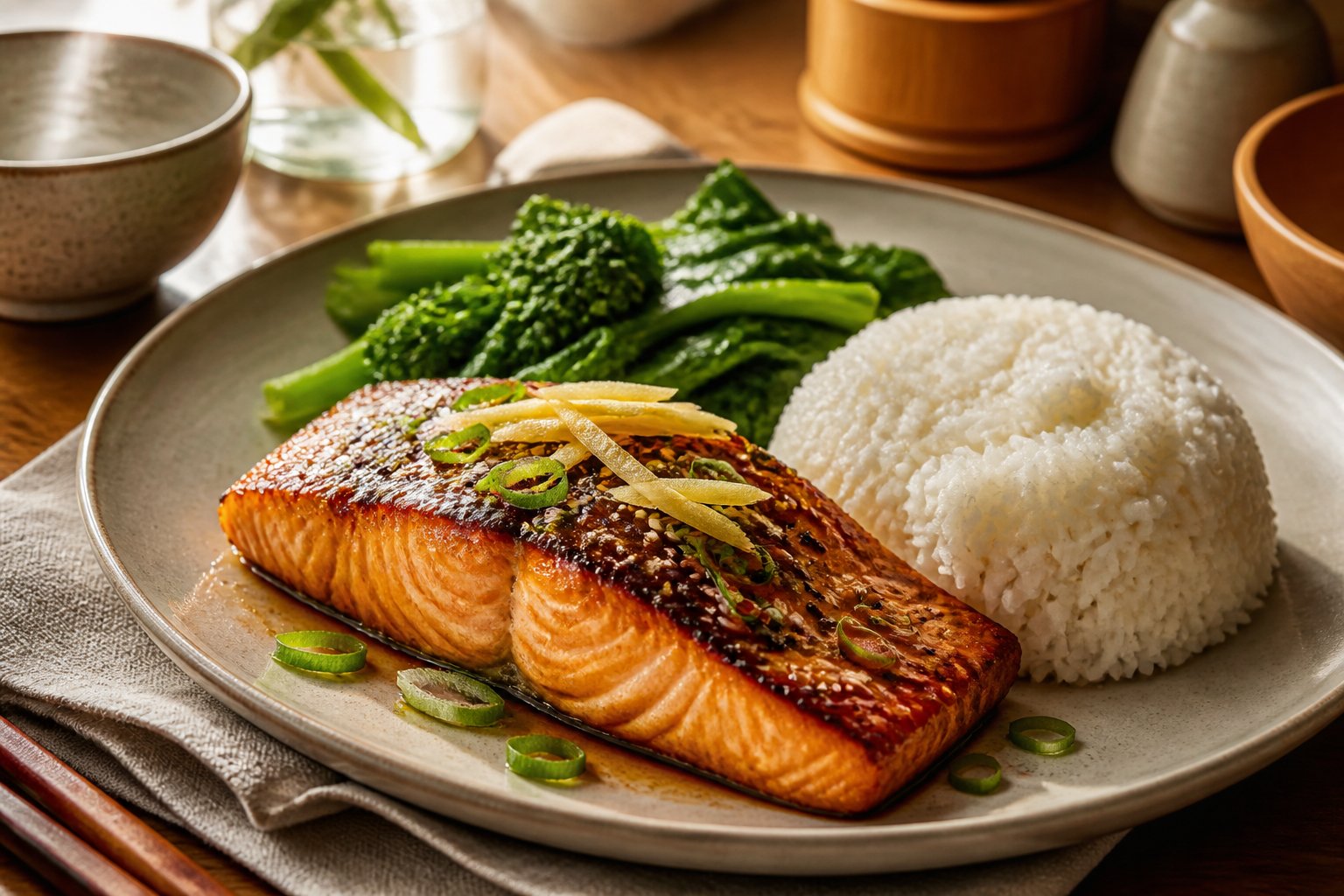 A glazed salmon fillet with white rice and green vegetables served on a dinner plate.